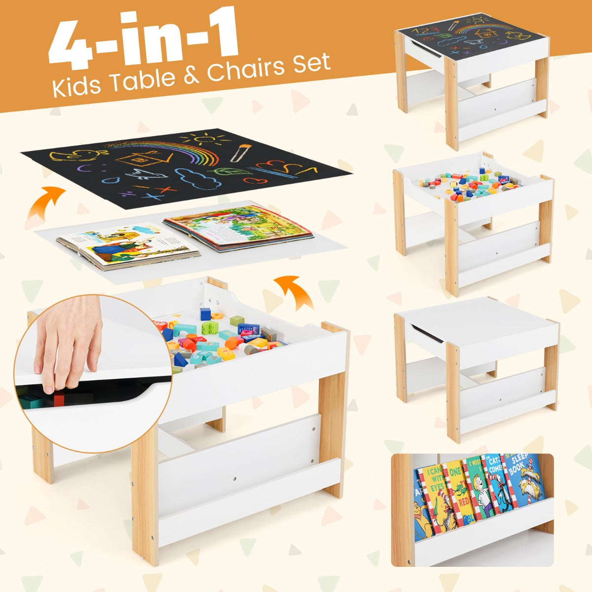 4 in 1 Kids Table and Chairs Set with Reversible Tabletop and Bookshelves-Natural