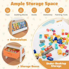 4 in 1 Kids Table and Chairs Set with Reversible Tabletop and Bookshelves-Natural