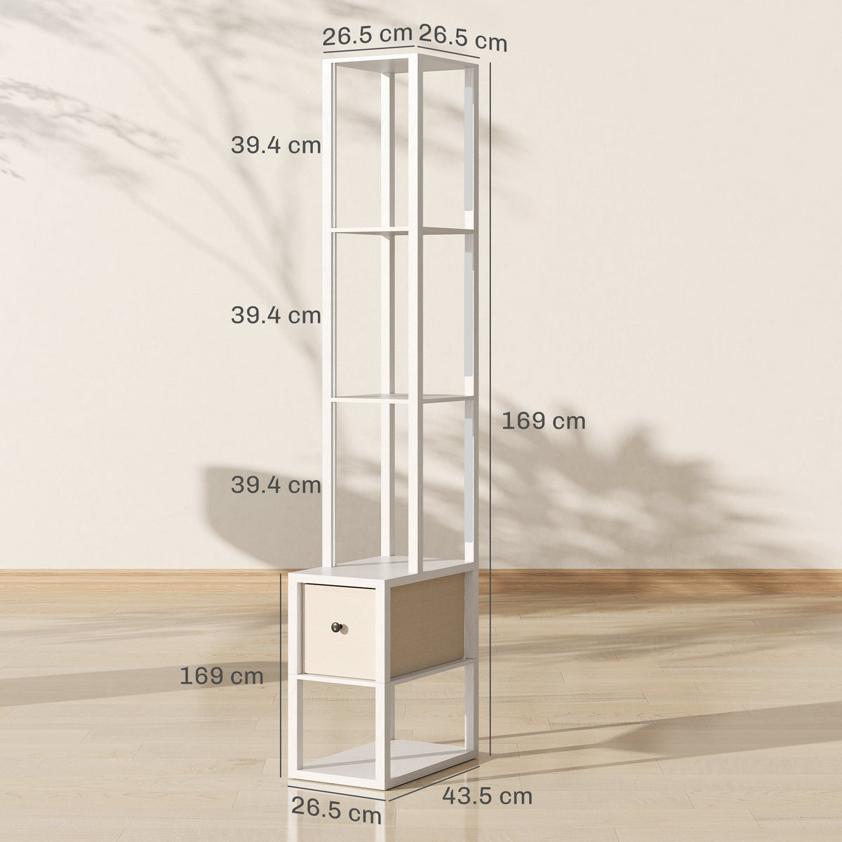 HOMCOM Floor Lamp with Shelves, LED Column Modern Standing Lamp with Fabric Drawer, Adjustable Brightness, Foot Switch for Living Room, Bedroom, Office, White