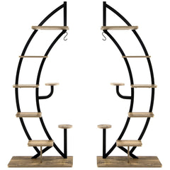 8-Tier Tall Wooden Curved Half-Moo Shape Plant Stand with Top Hook-Natural