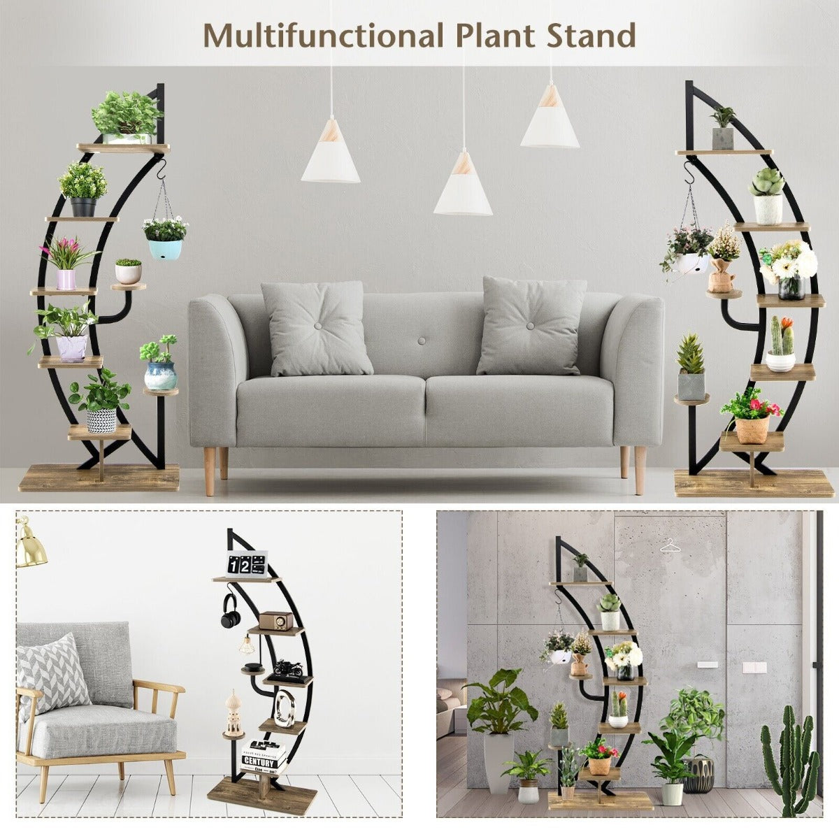 8-Tier Tall Wooden Curved Half-Moo Shape Plant Stand with Top Hook-Natural