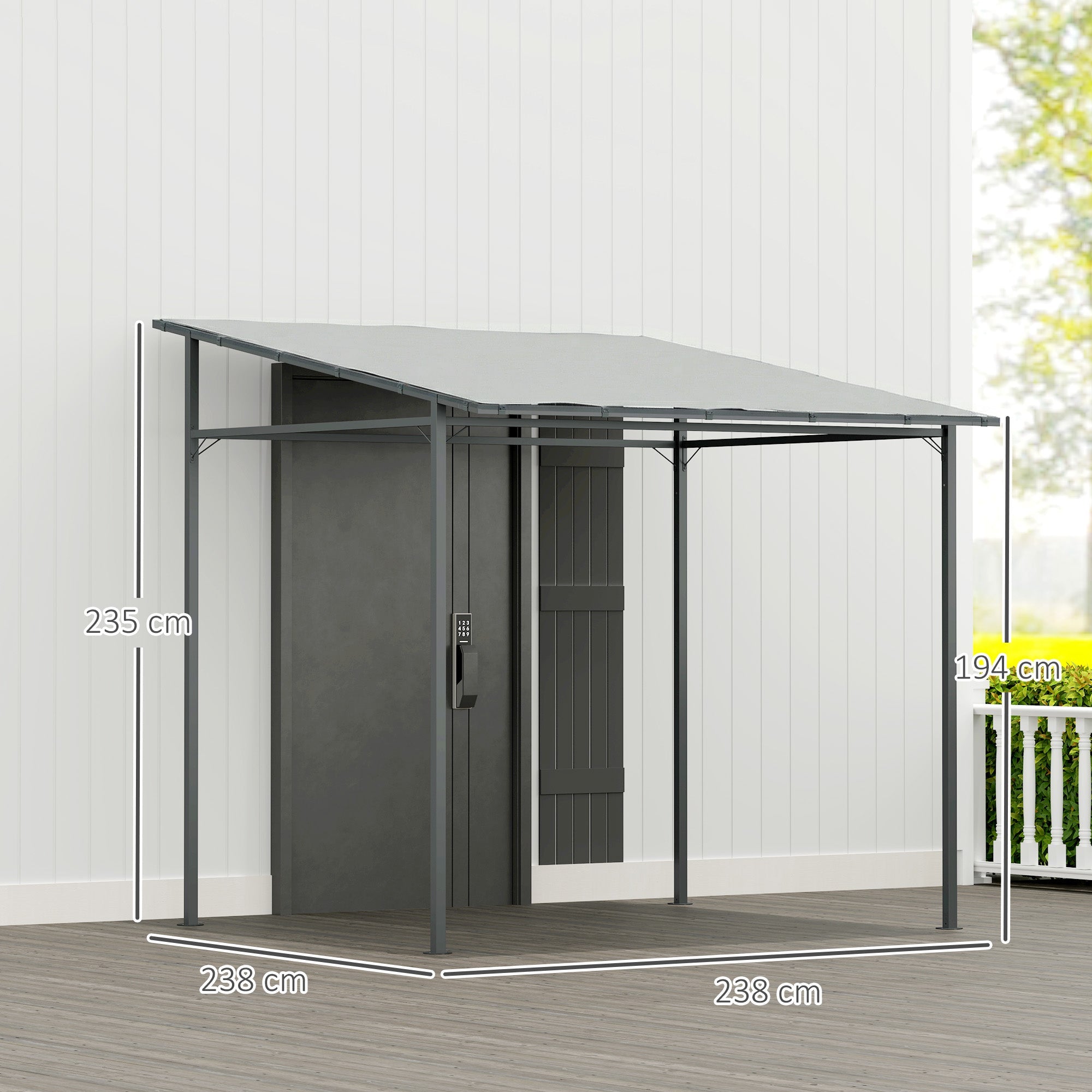 Outsunny 2.4 x 2.4 m Wall Mounted Pergola Gazebo with PA Coating Fabric, Metal Frame, UPF30+, Lean to Garden Gazebo, Light Grey