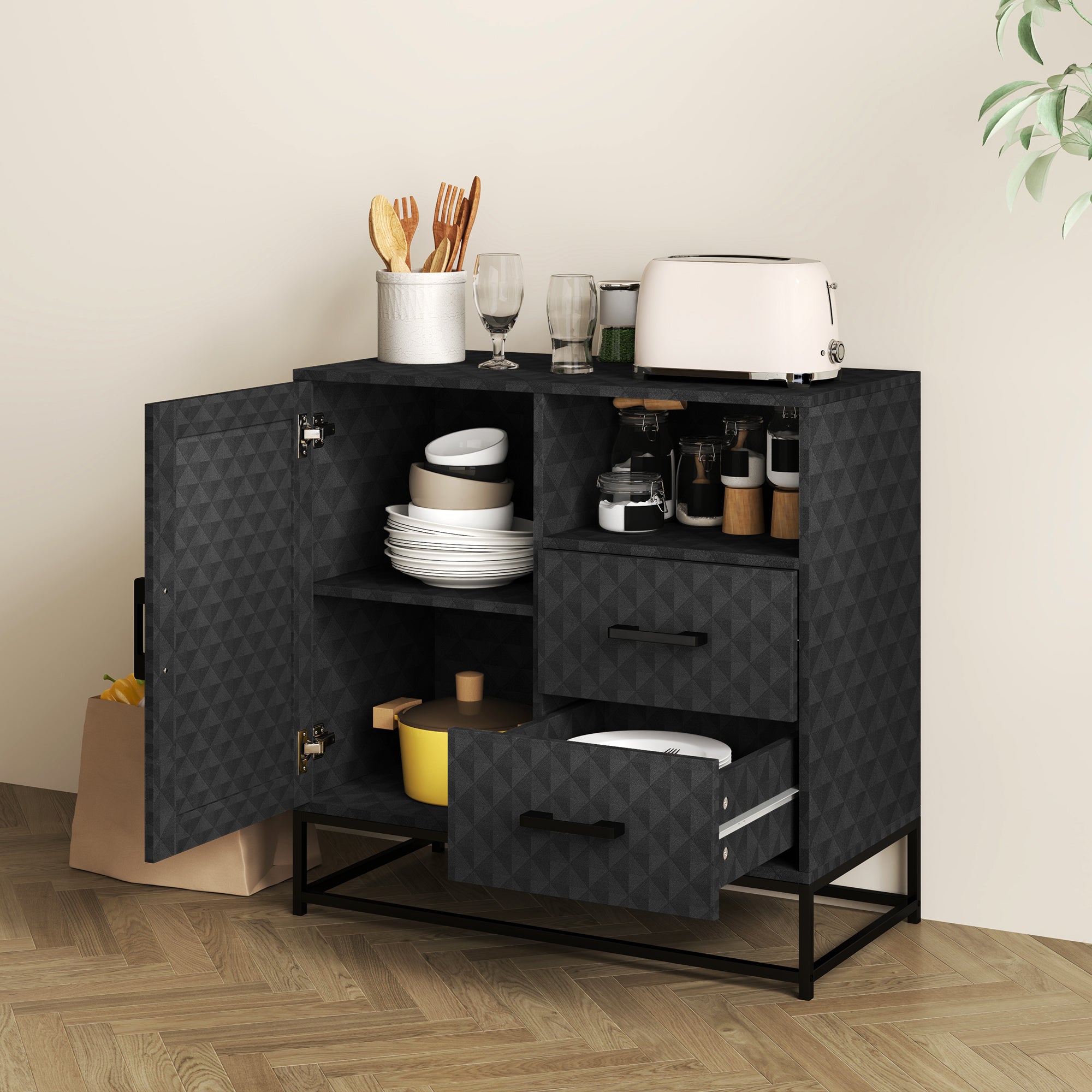 HOMCOM Sideboard with Adjustable Shelf, Freestanding Sideboard Storage Cabinet with Open Compartment and 2 Drawers, Black