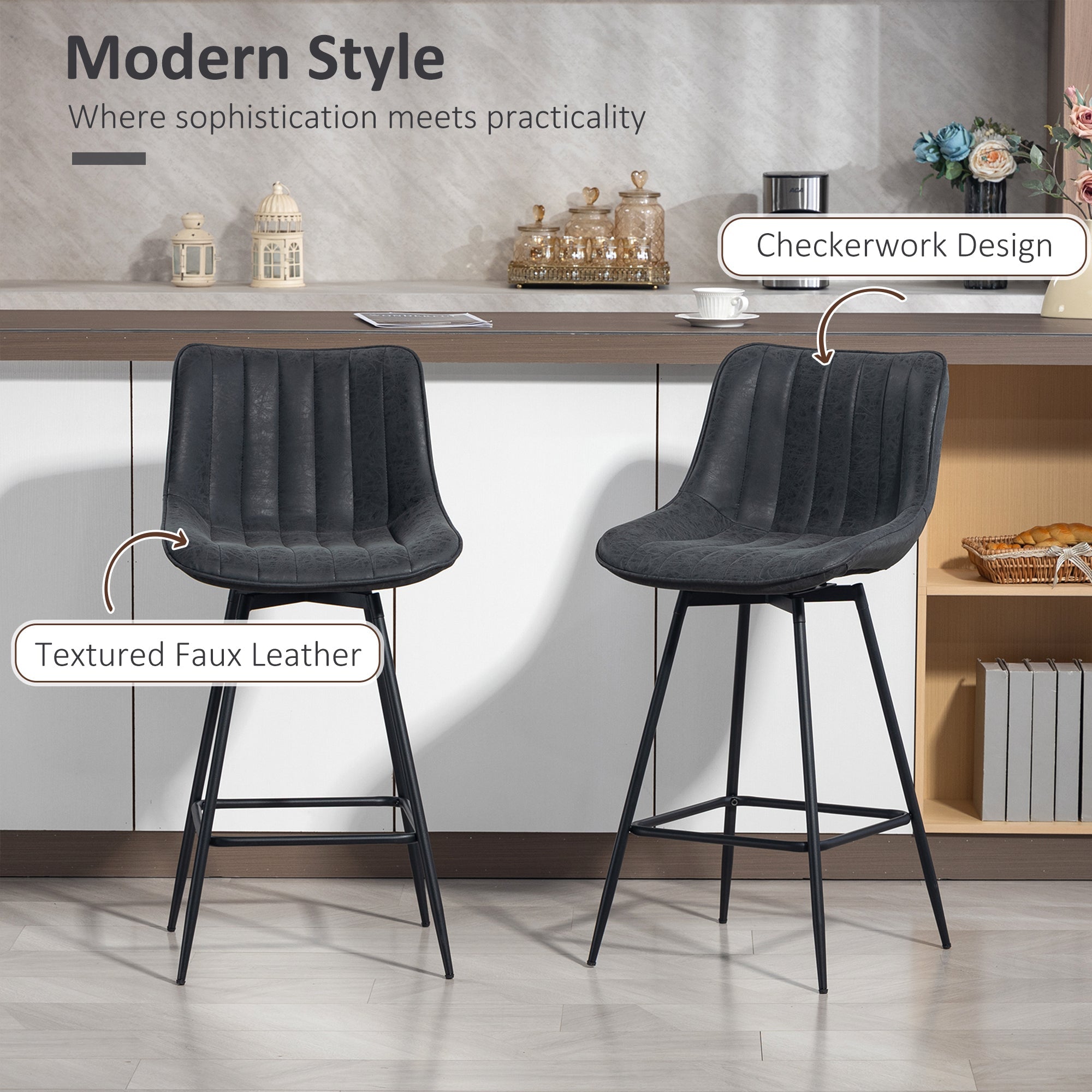 HOMCOM Set of 2 PU Leather Swivel Bar Stools - Black