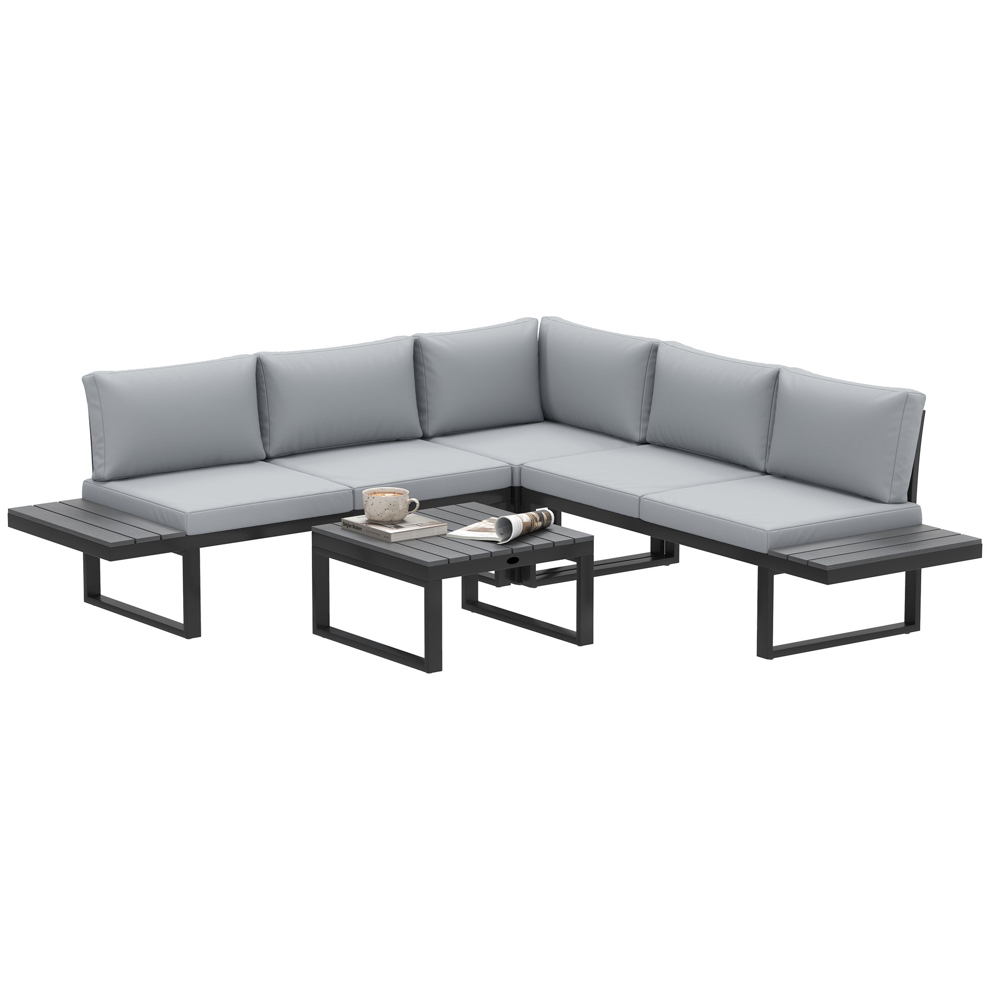 Outsunny 4 Pieces Garden Furniture Set, 5-Level Reclining Garden Corner Sofa Set, Outdoor Lounge Conversation Sectional with Cushions, Wood Effect Plastic Table, Black Frame & Light Grey Cushion