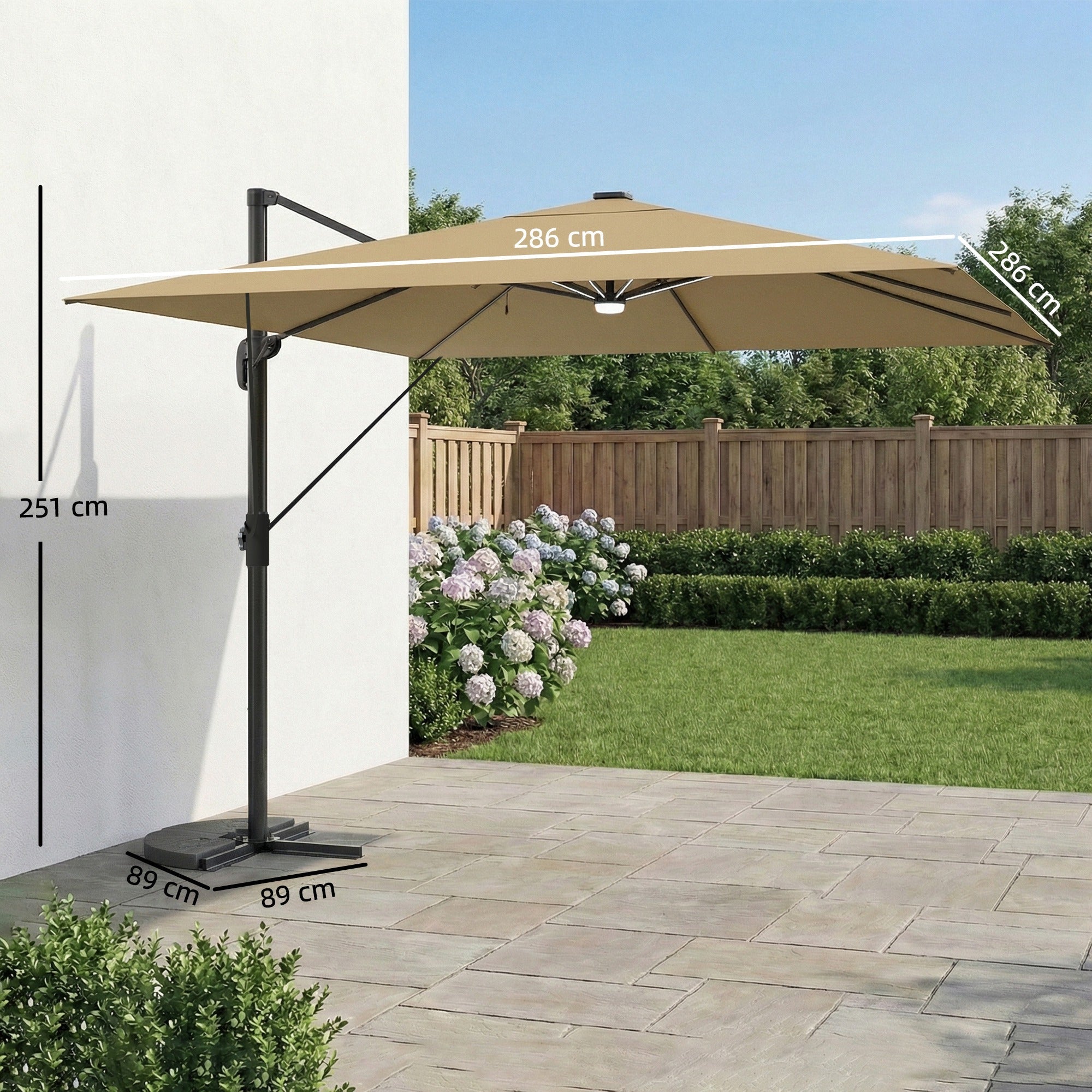 Outsunny 3 x 3 m Garden Cantilever Parasol with Light, Cover, Overhanging Umbrella w/ Wind Protection, 360Â° Rotation, Khaki