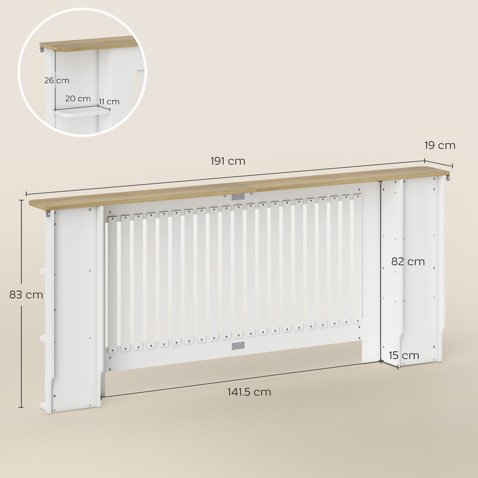 HOMCOM Radiator Cover with Open Storage Shelves, Vertical Slatted Cabinet Shelf Heater Cover for Living Room, Hallway, Extra Large, White (H: 83 / W: 191 / D: 19 cm)