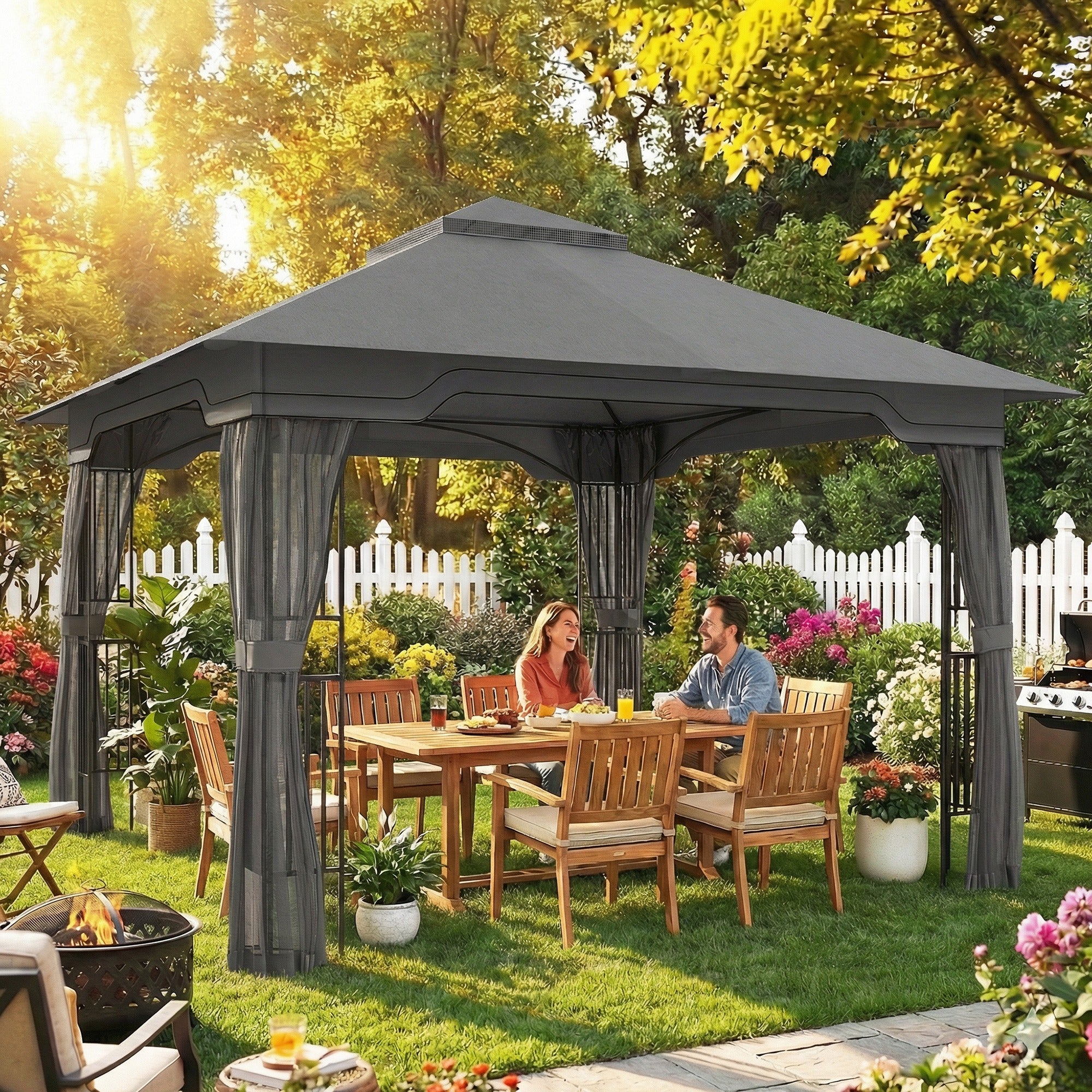 Outsunny 3.3 x 3.3 m Outdoor Garden Gazebo with Post Shelves, UPF50+ Patio Permanent Pavilion with Hook, Dark Grey