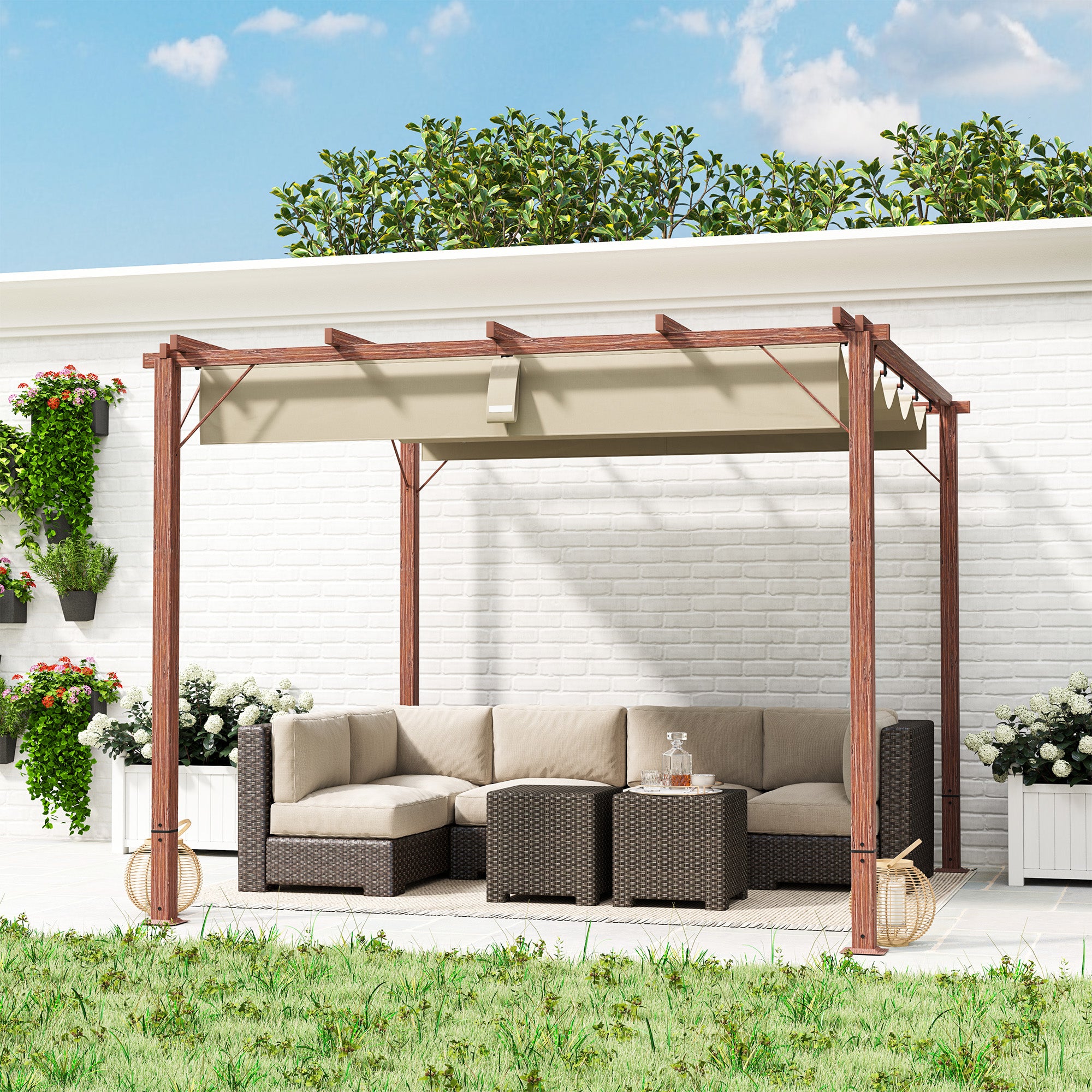 Outsunny 3 x 3 m Retractable Roof Pergola - Natural Wood Finish
