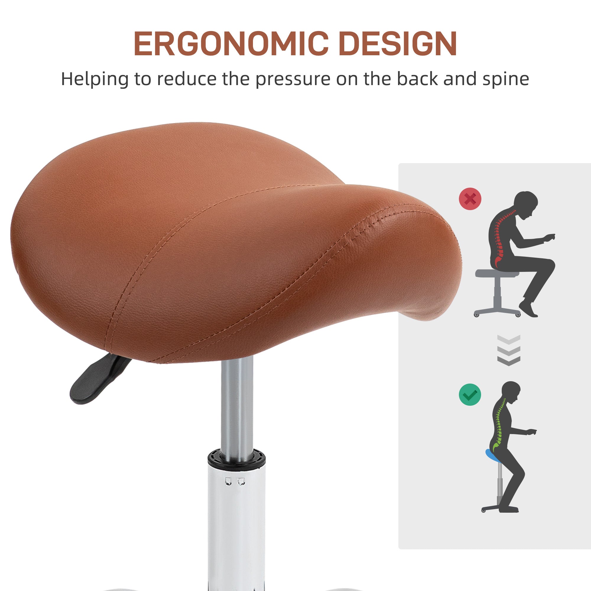 HOMCOM Saddle Stool, Height Adjustable Salon Chair for Massage Spa, Faux Leather, Brown