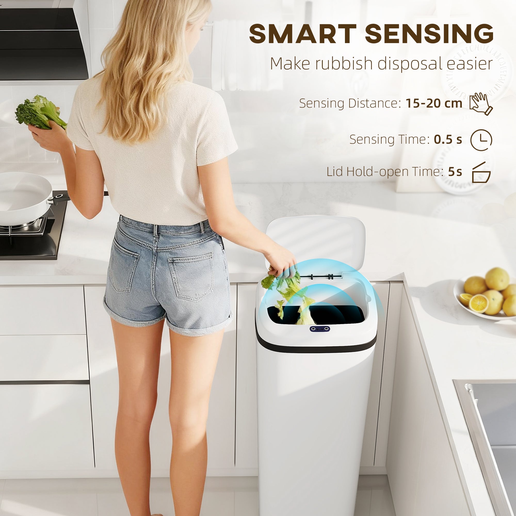 HOMCOM 50L Stainless Steel Sensor Bin - White