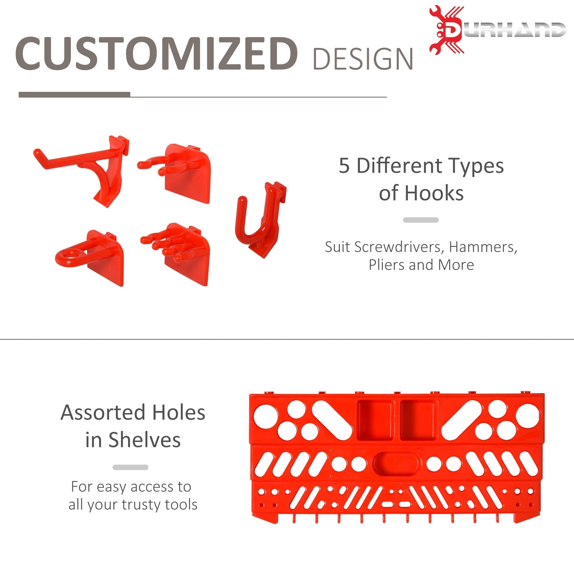 DURHAND 54 Pcs On-Wall Tool Equipment Holding Pegboard Home DIY Garage Organiser DIY w/ 50 Pegs 2 Shelves