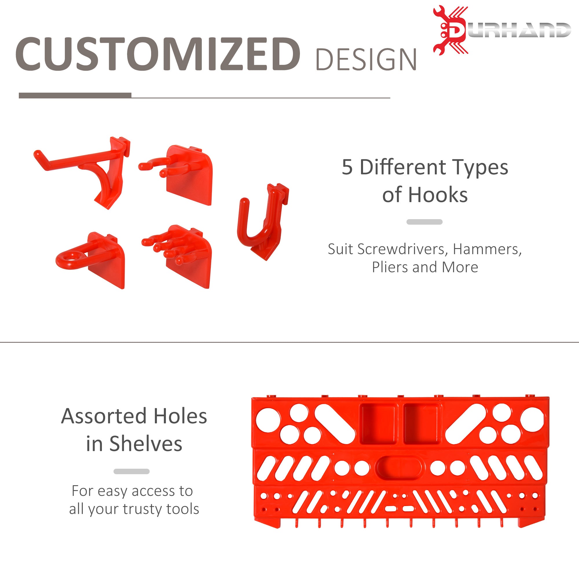 DURHAND 54 Pcs On-Wall Tool Equipment Holding Pegboard Home DIY Garage Organiser DIY w/ 50 Pegs 2 Shelves