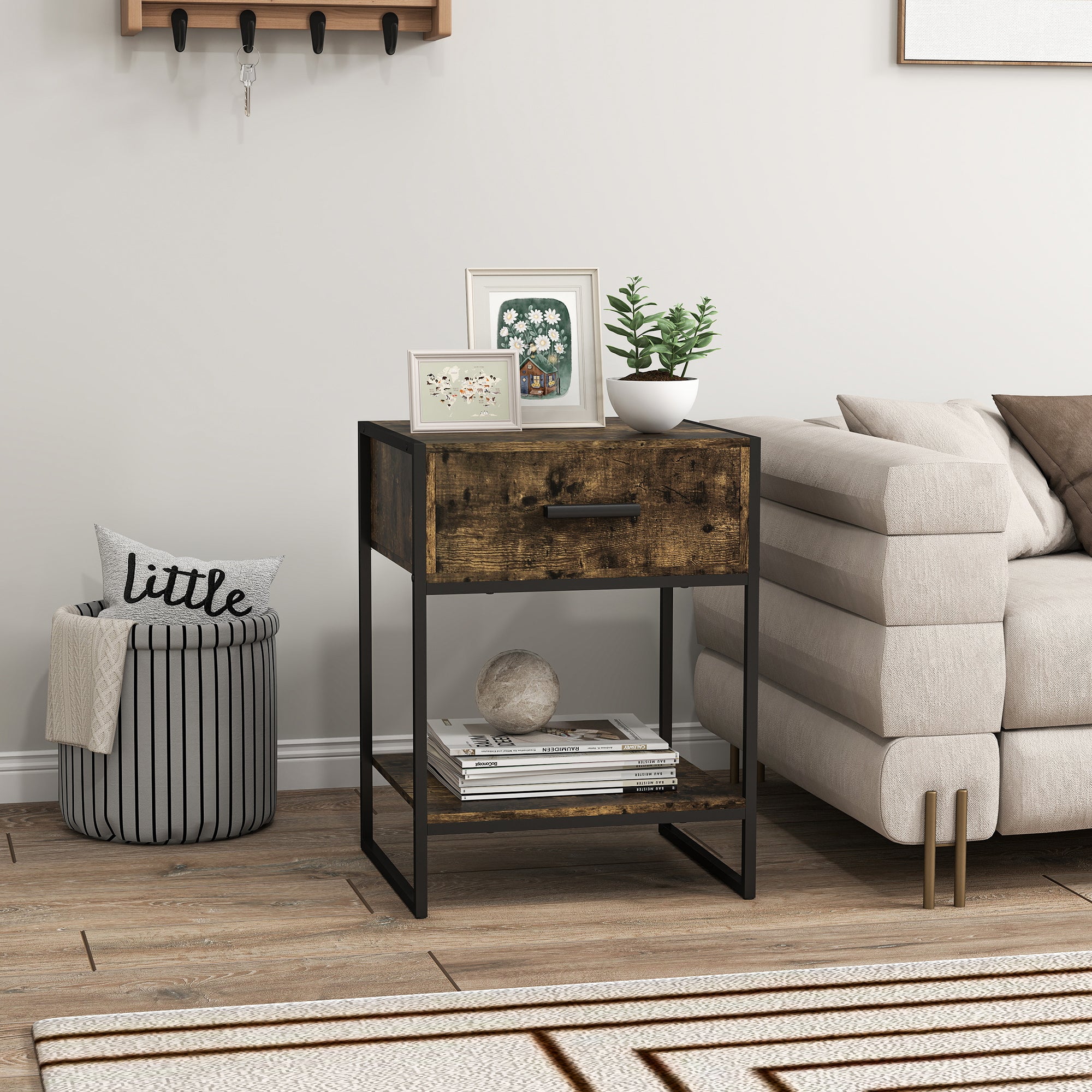 HOMCOM Modern Bedside Table - Rustic Brown