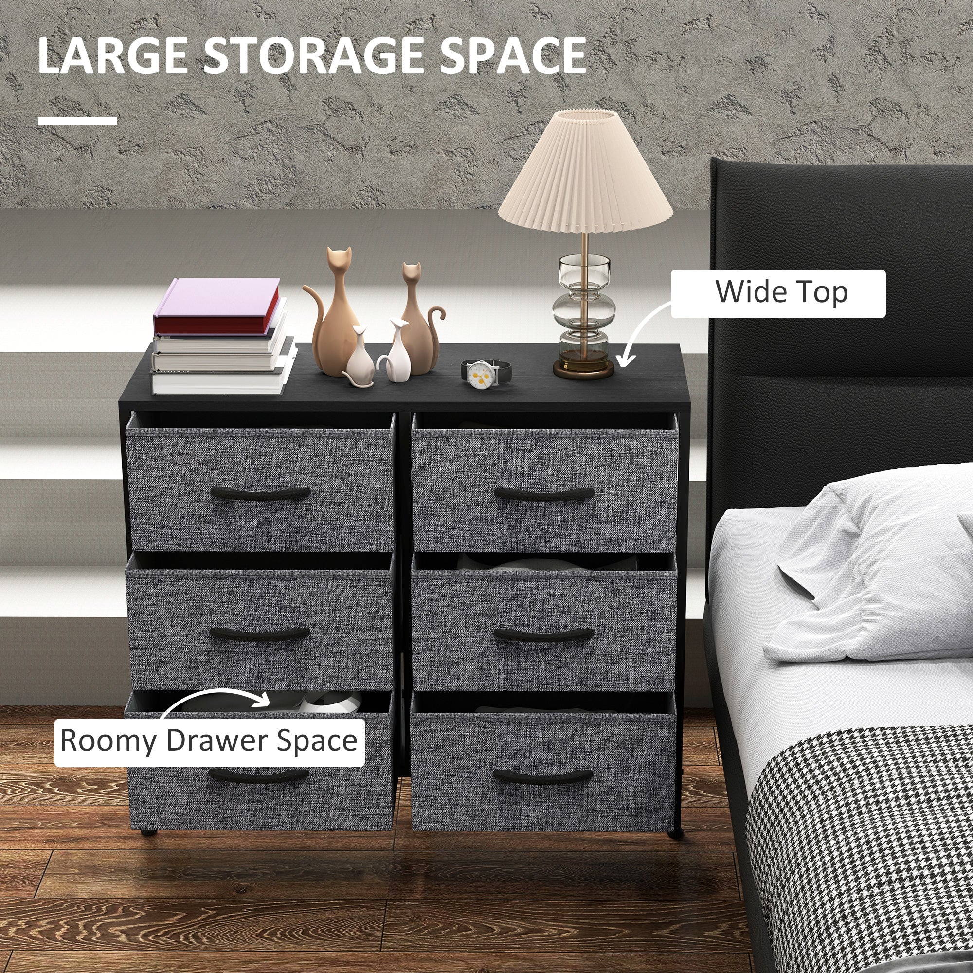 HOMCOM Fabric Chest of Drawers, Industrial Bedroom Dresser with 6 Fabric Drawers, Steel Frame and Wooden Top for Nursery, Living Room, Hallway, Black