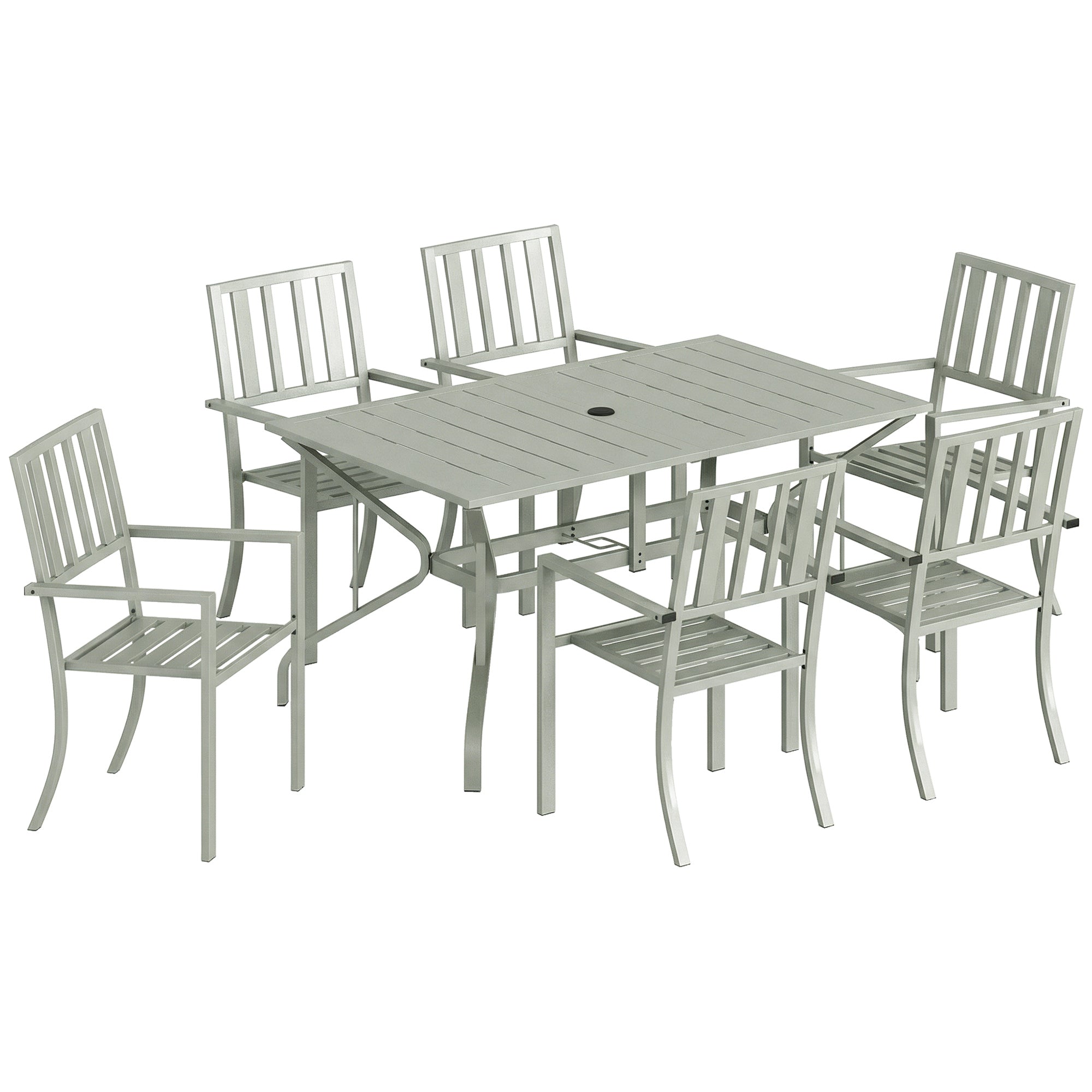 Outsunny 7 Pieces Garden Table and Chairs, 6 Seater Outdoor Table and Chairs with Umbrella Hole, for Garden, Light Grey