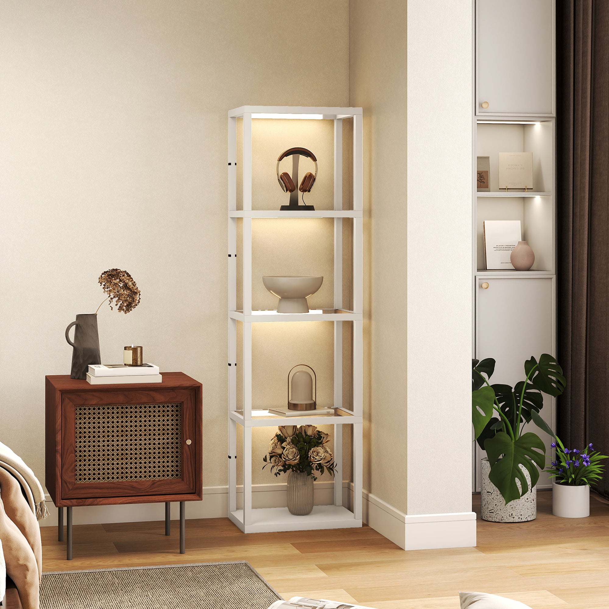 HOMCOM LED Floor Lamp with Glass Shelves, 4 Layers Dimmable Tall Standing Lamp, Modern Column Shelf Floor Light for Living Room, Bedroom, Office, Oak