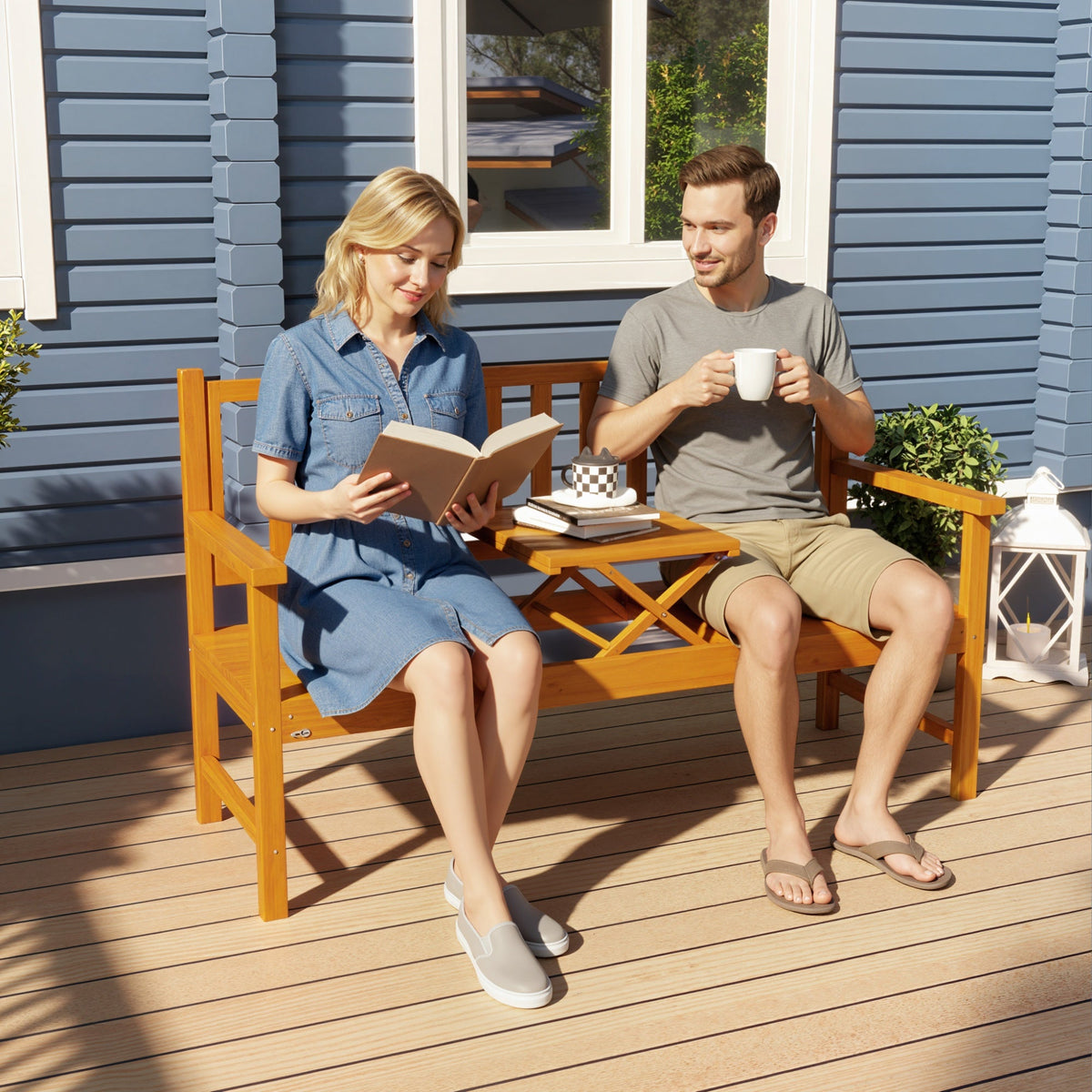 Outsunny Wooden Bench with Liftable Middle Table, Outdoor Bench, Patio Loveseat for Porch, Garden, Seats 2-3 People - product