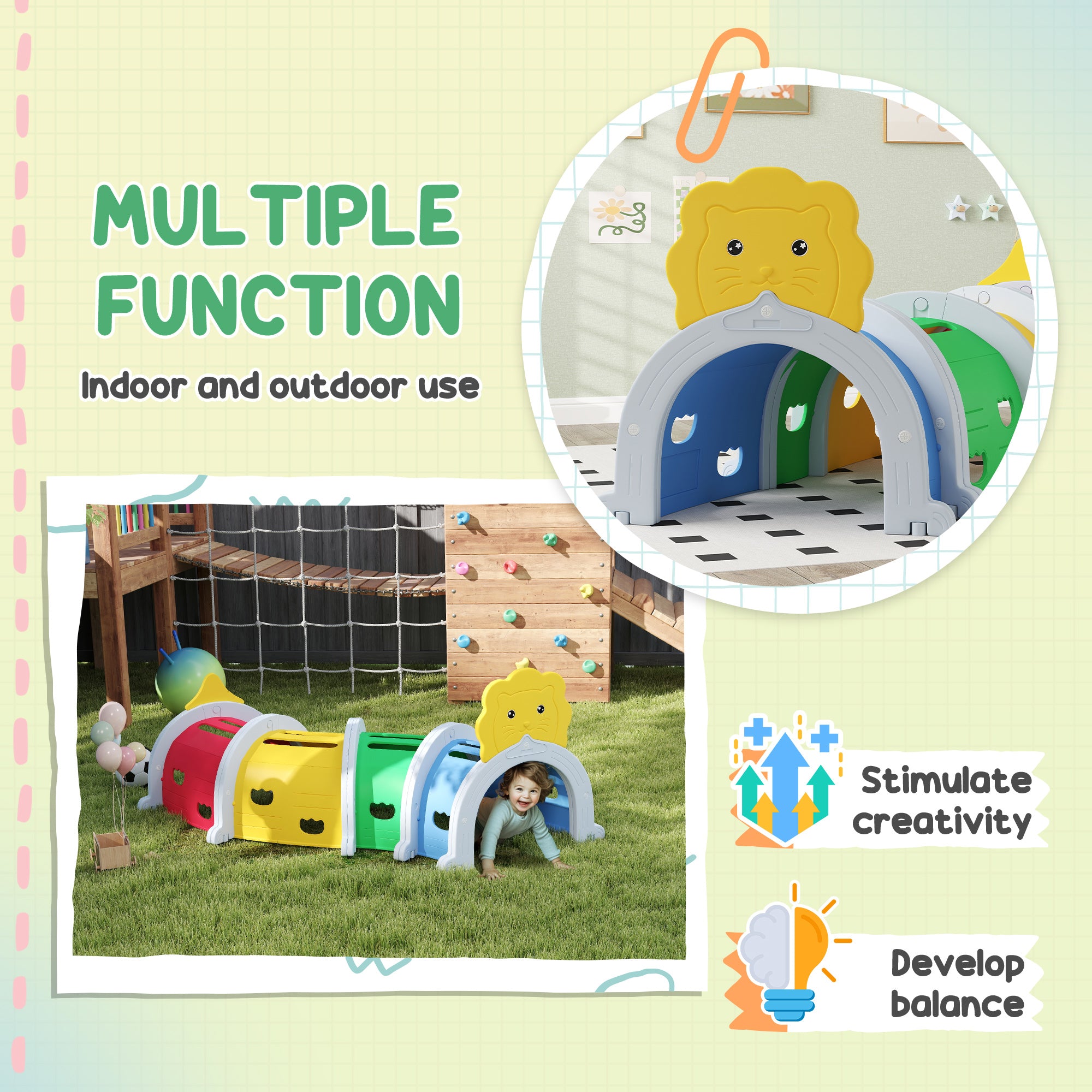 AIYAPLAY Kids Play Tunnel with Lion Design for 3-6 Years, Crawling, Climbing, Indoors & Outdoors