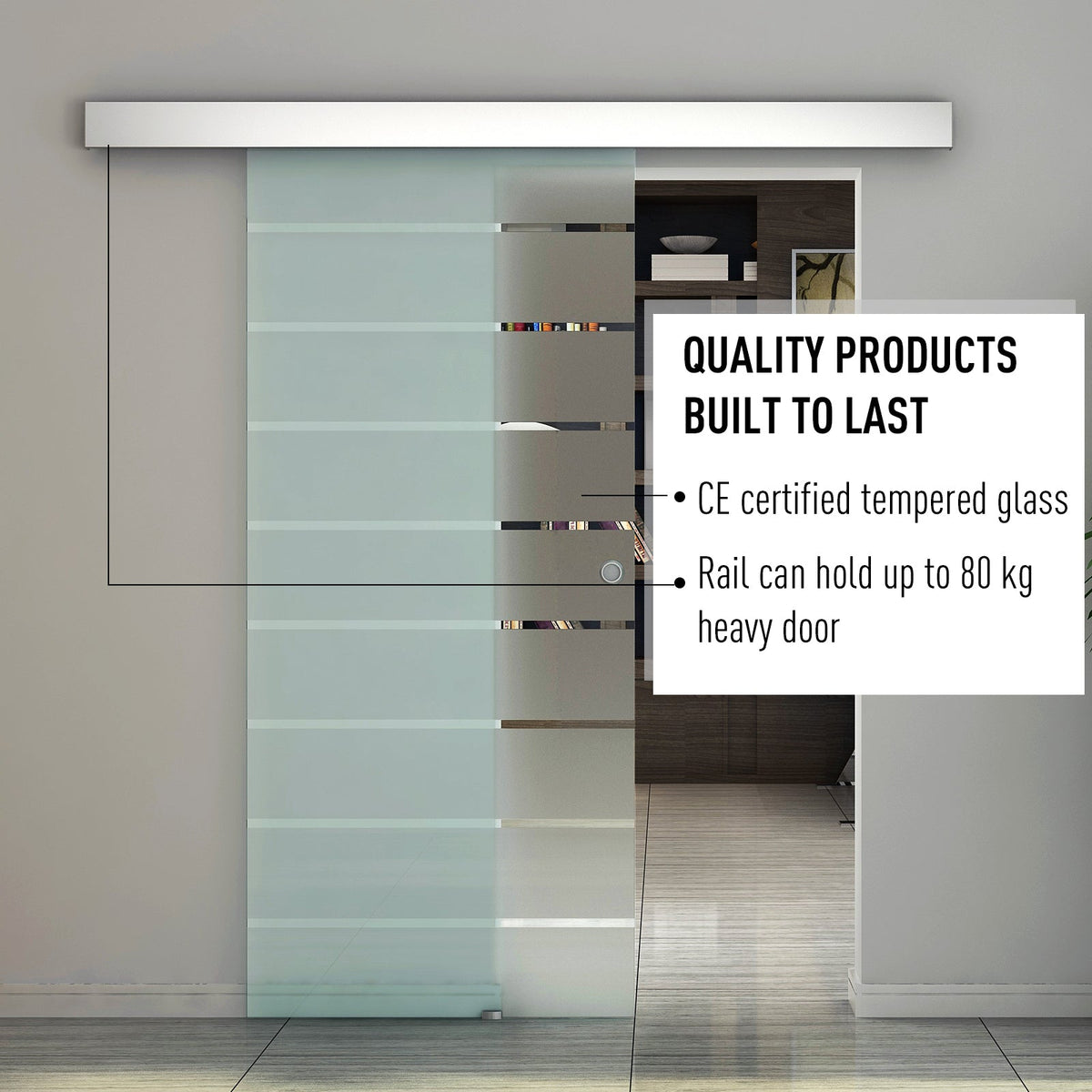 HOMCOM 90cm Sliding Glass Door with Hardware Track Kit, Frosted Tempered Glass with Stripe Pattern, Round Handle