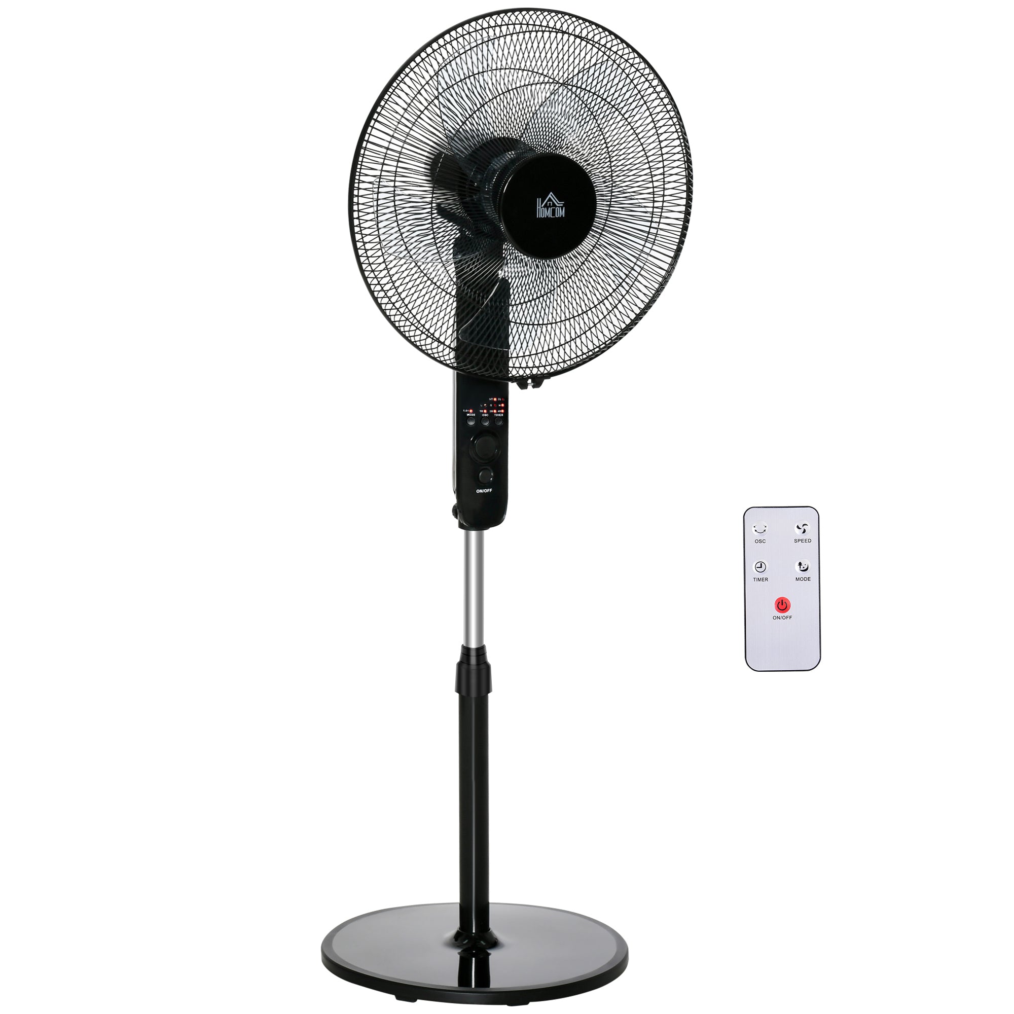 HOMCOM 18" Pedestal Fan, Oscillating Standing Fan with Remote Control, Floor Fan with Adjustable Height, 3 Speed, 7.5-Hour Timer, Black