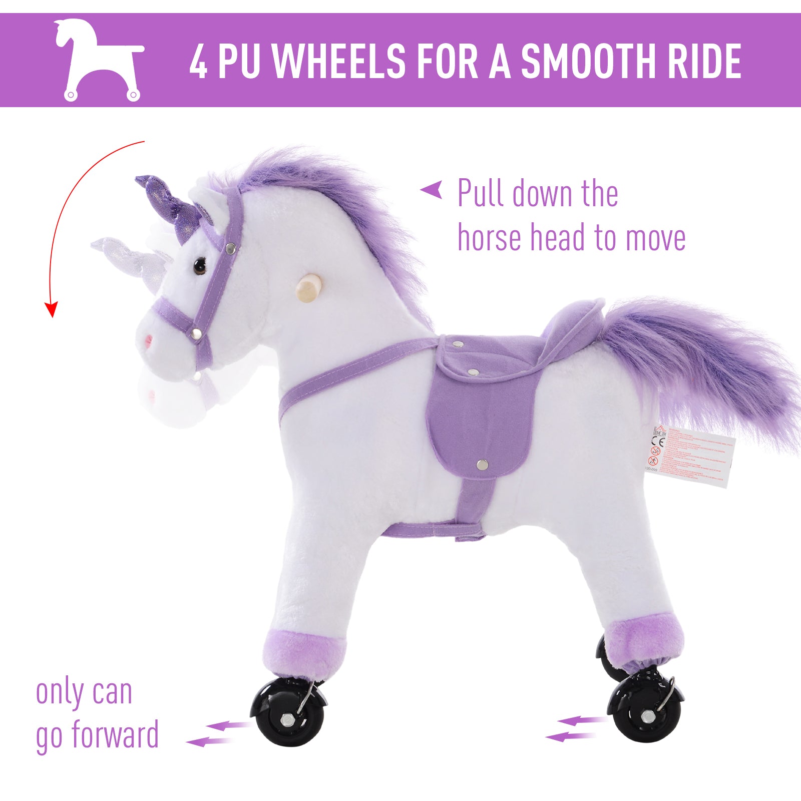 HOMCOM Kids Ride-On Rocking Unicorn, with Realistic Sounds, Handlebars, Purple/White