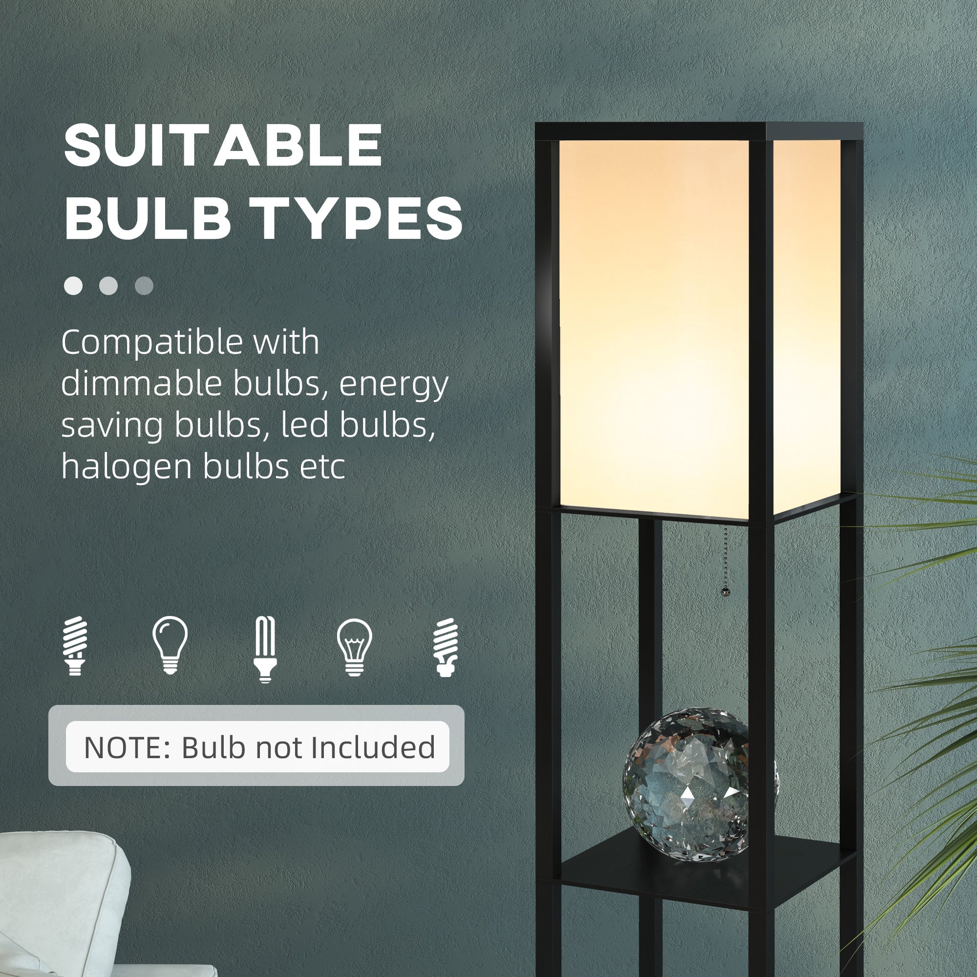 HOMCOM Floor Lamp with Shelves and Top Light, Modern Corner Standing Lamp for Living Room, Bedroom, Bulb not Included, Black