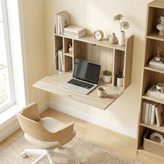 HOMCOM Wall Mounted Desk, Drop Leaf Floating Laptop Desk with Space Saving Storage Compartments for Home Office, Oak