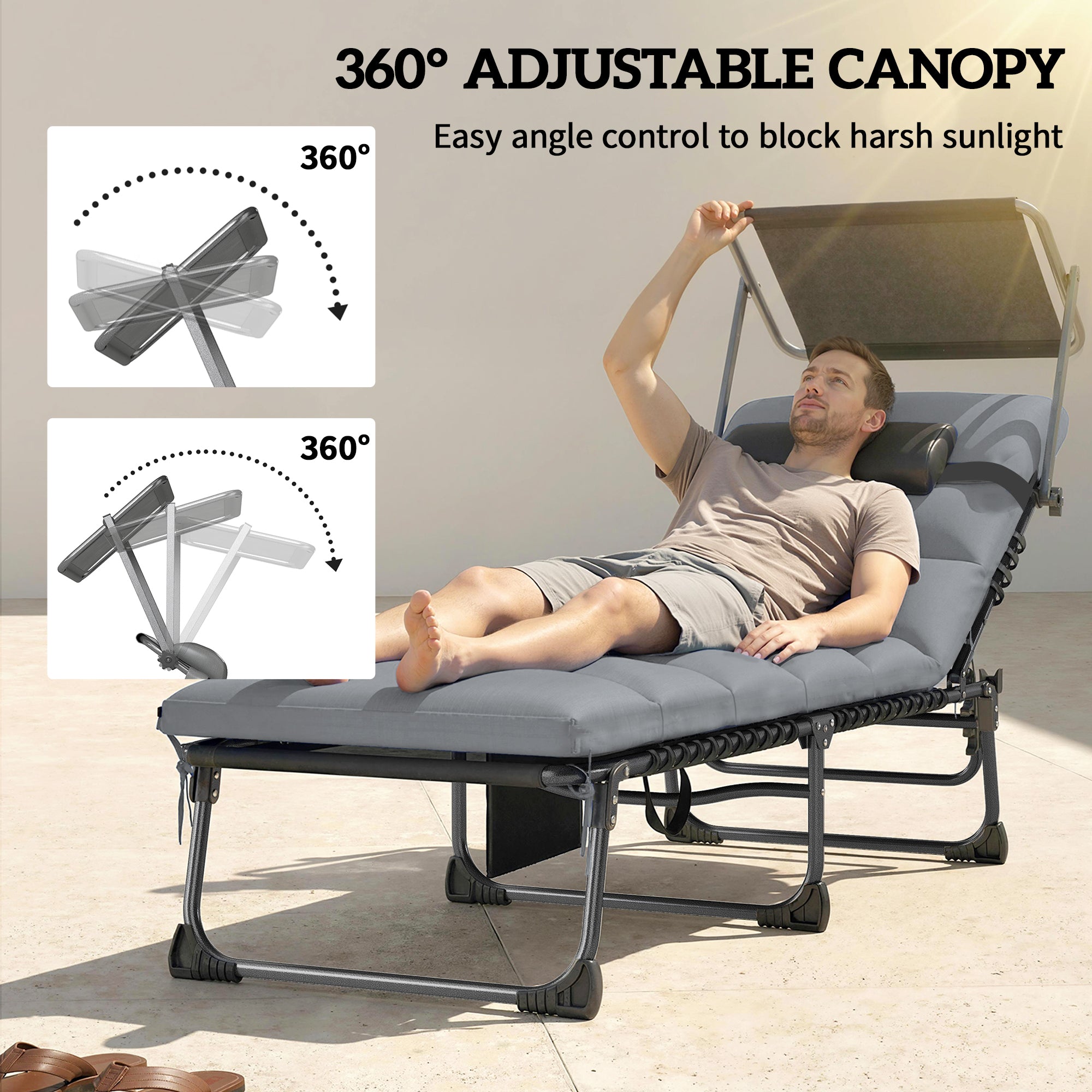 Outsunny Folding Sun Loungers Set of 2 with Canopy, Reclining Sunbed with Cushion, Side Pocket, Carrying Handle, Light Grey