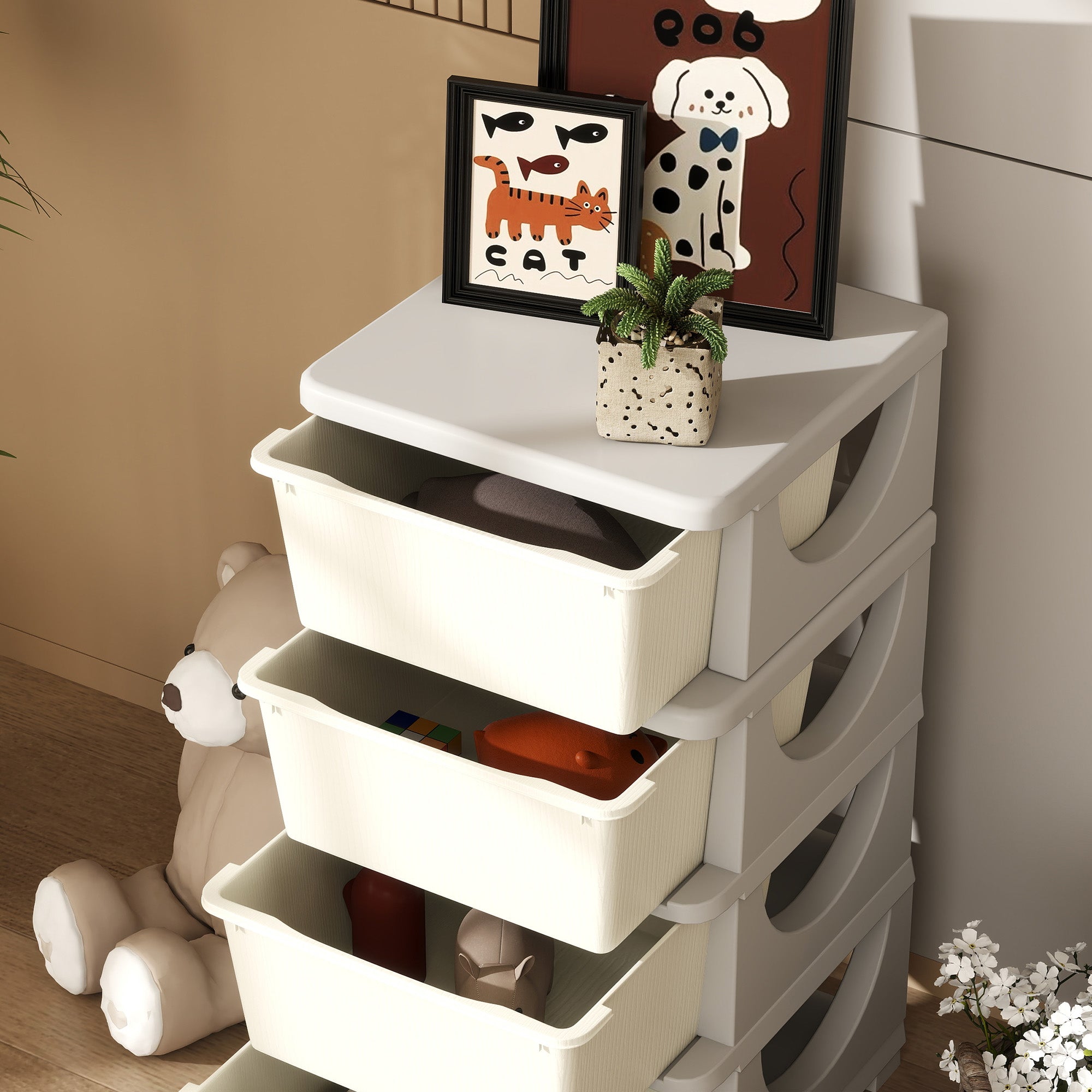 HOMCOM Four-Tier Kids Storage Boxes, with Four Drawers - White