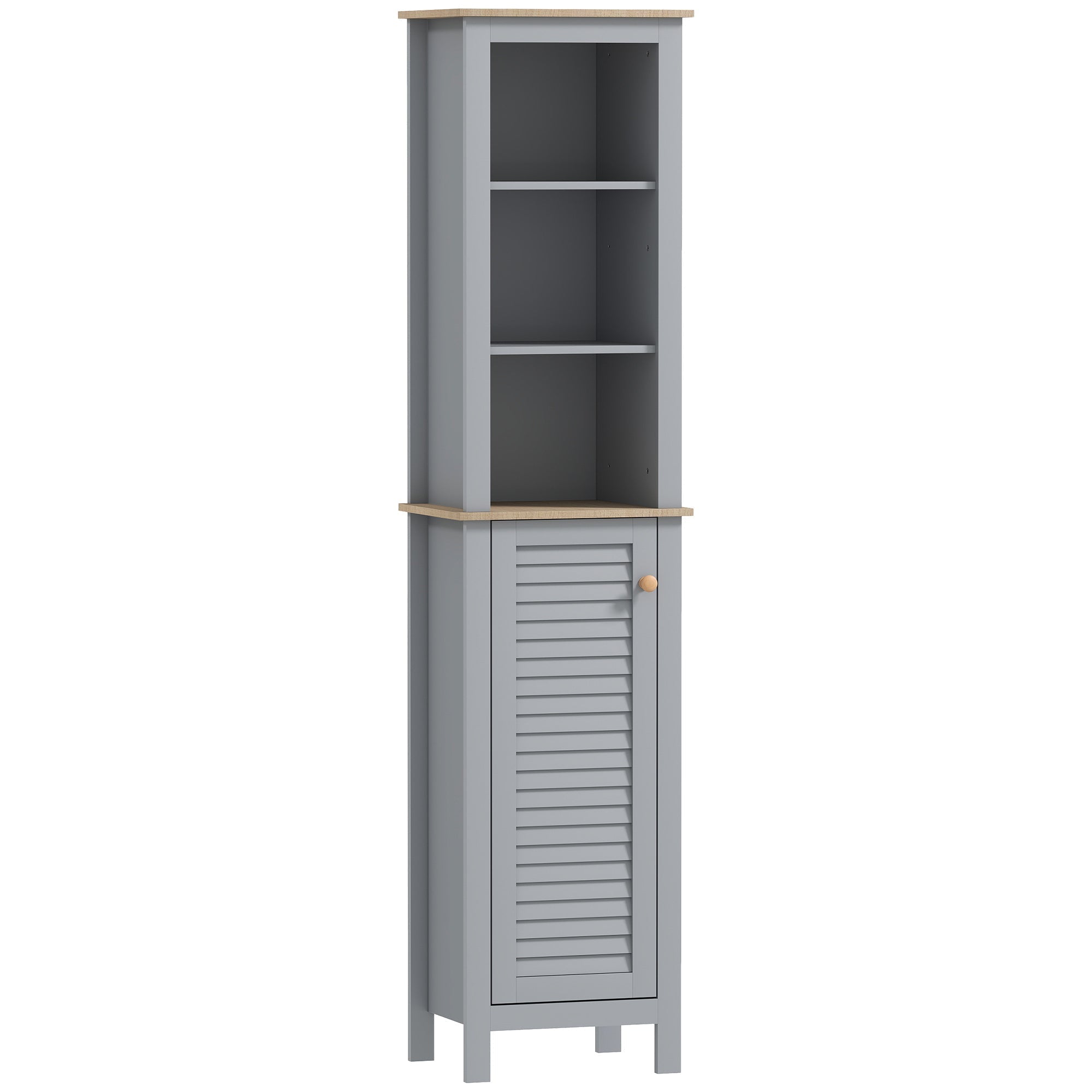 kleankin Bathroom Floor Storage Cabinet with 3 Tier Shelf and Cupboard with Door, Free Standing Linen Tower, Tall Slim Side Organizer Shelves, Grey