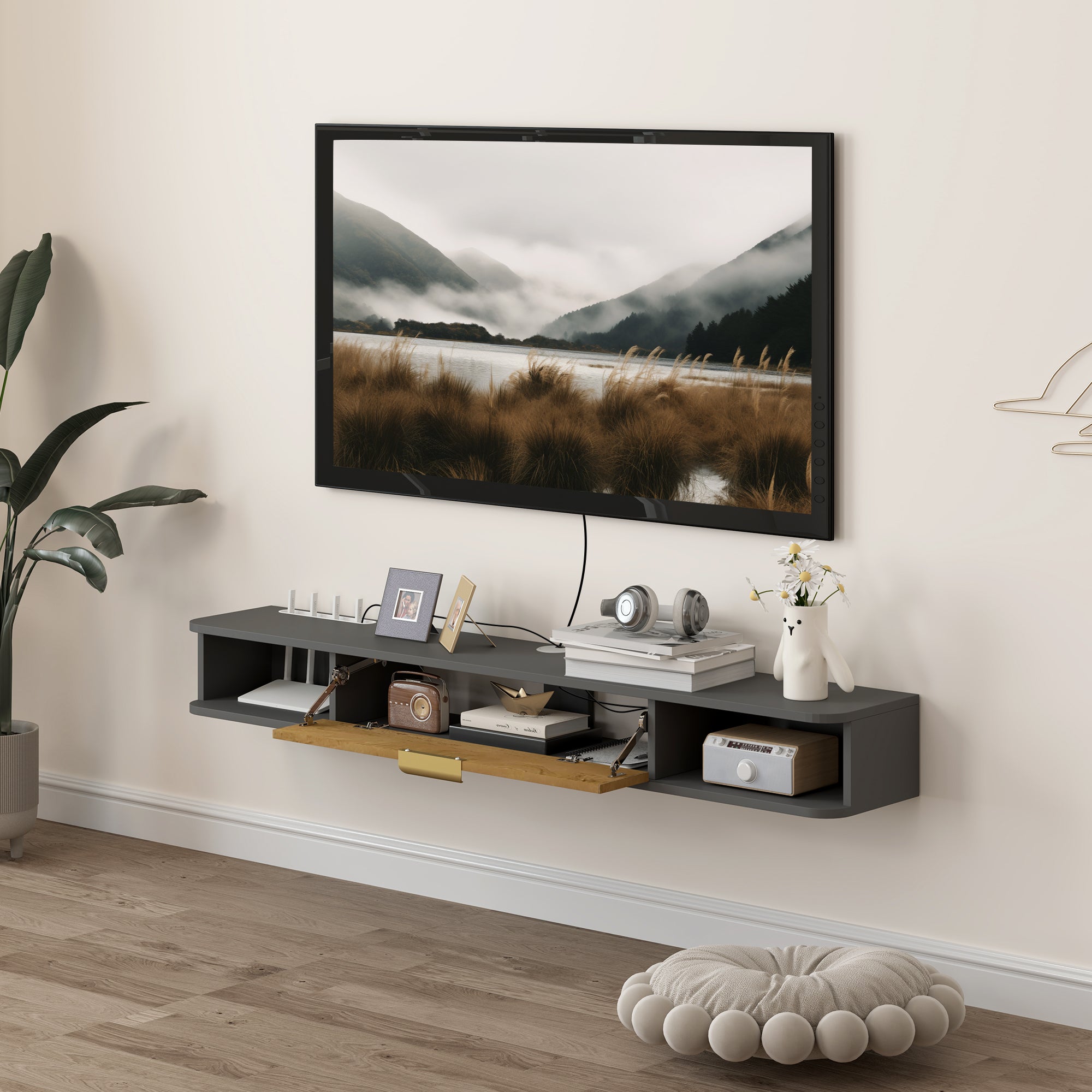 HOMCOM 140 cm Floating TV Stand with Storage - Charcoal Grey