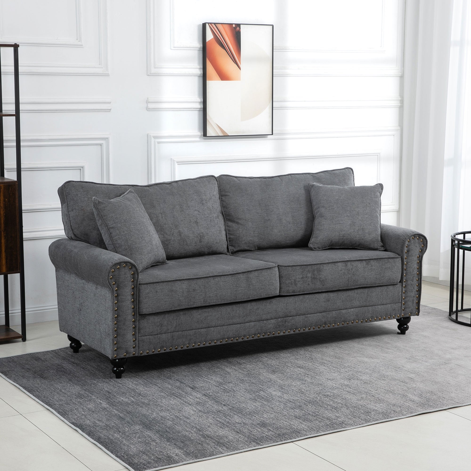 HOMCOM 3 Seater Sofa, Fabric Couch with Rubber Wood Legs, 3 Seater Settee with Extra Padded Cushions and Pillows for Living Room, 196W x 80.5D x 89H cm, Grey