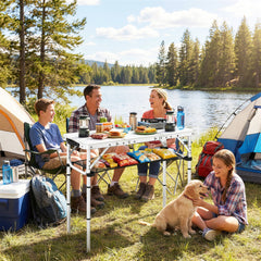 Outsunny 3ft Folding Camping Table, Picnic Table with Mesh Storage Layer, Carrying Bag and Metal Frame, Cream White