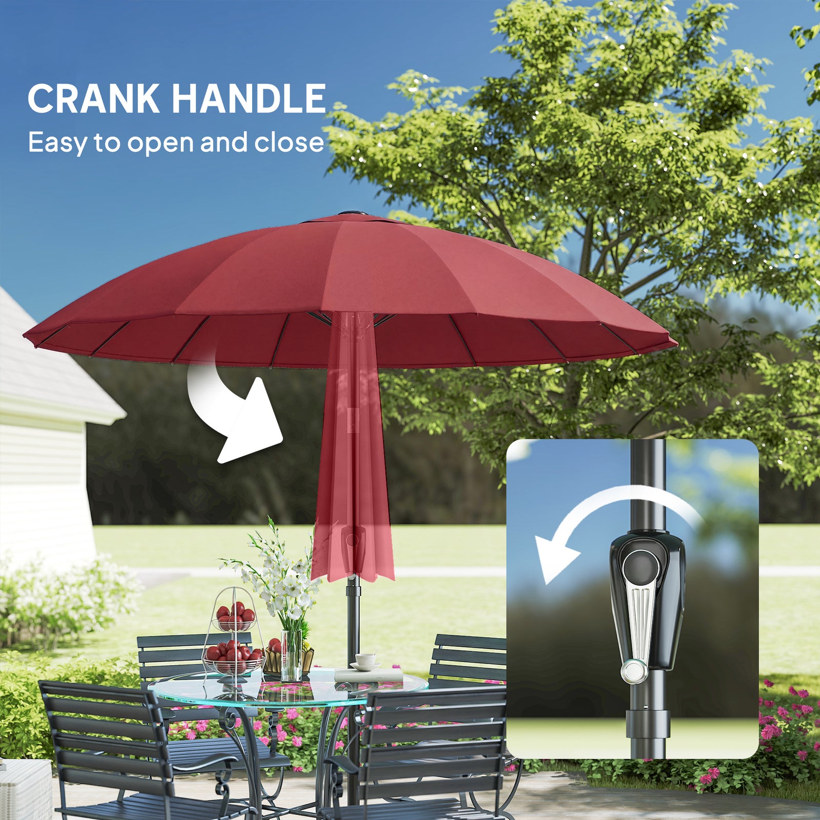 Outsunny 2 m Shanghai Garden Parasol Umbrella with 16 Fibreglass Ribs, Outdoor Parasol Sun Shade with Crank & Tilt, Wine Red