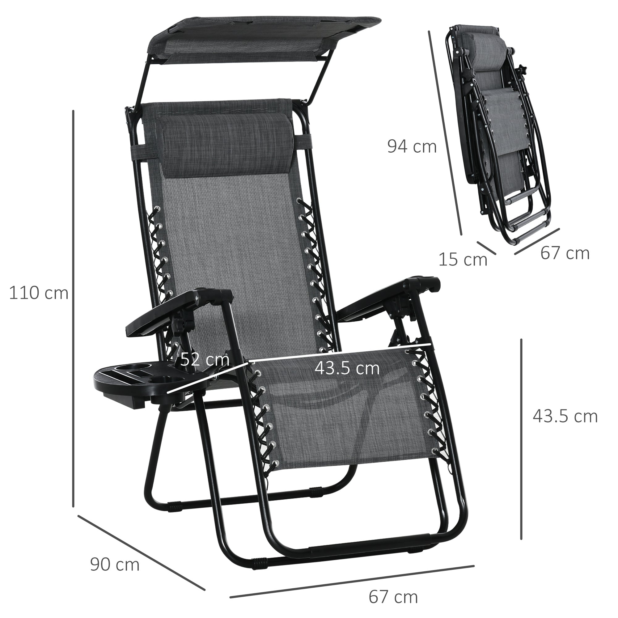 Outsunny 2 Piece Foldable Reclining Garden Chair with Headrest, Zero Gravity Deck Sun Lounger Seat Chair with Footrest, Armrest, Cup Holder & Canopy Shade, Light Grey