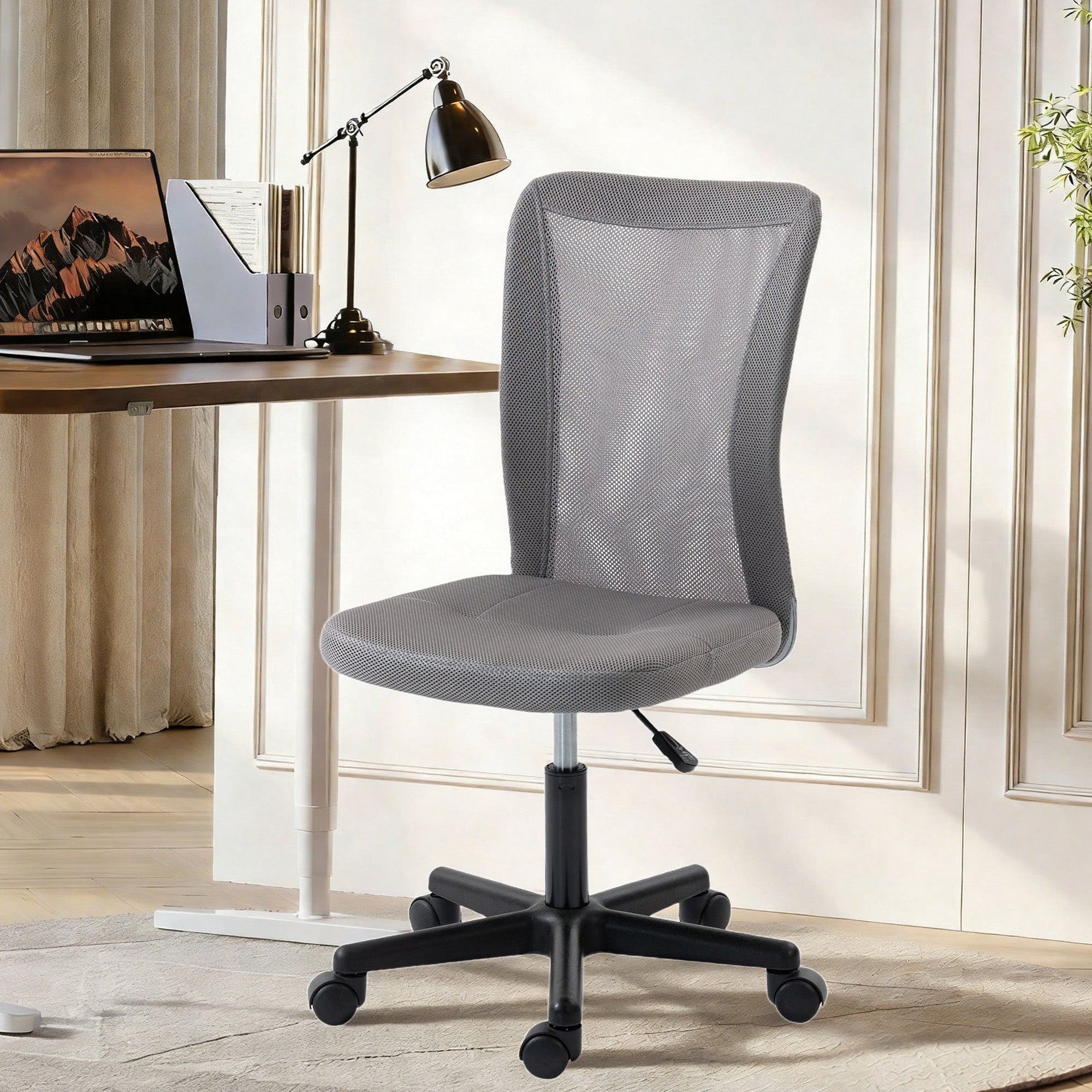 Vinsetto Computer Desk Chair, Mesh Office Chair with Adjustable Height and Swivel Wheels, Armless Study Chair, Grey