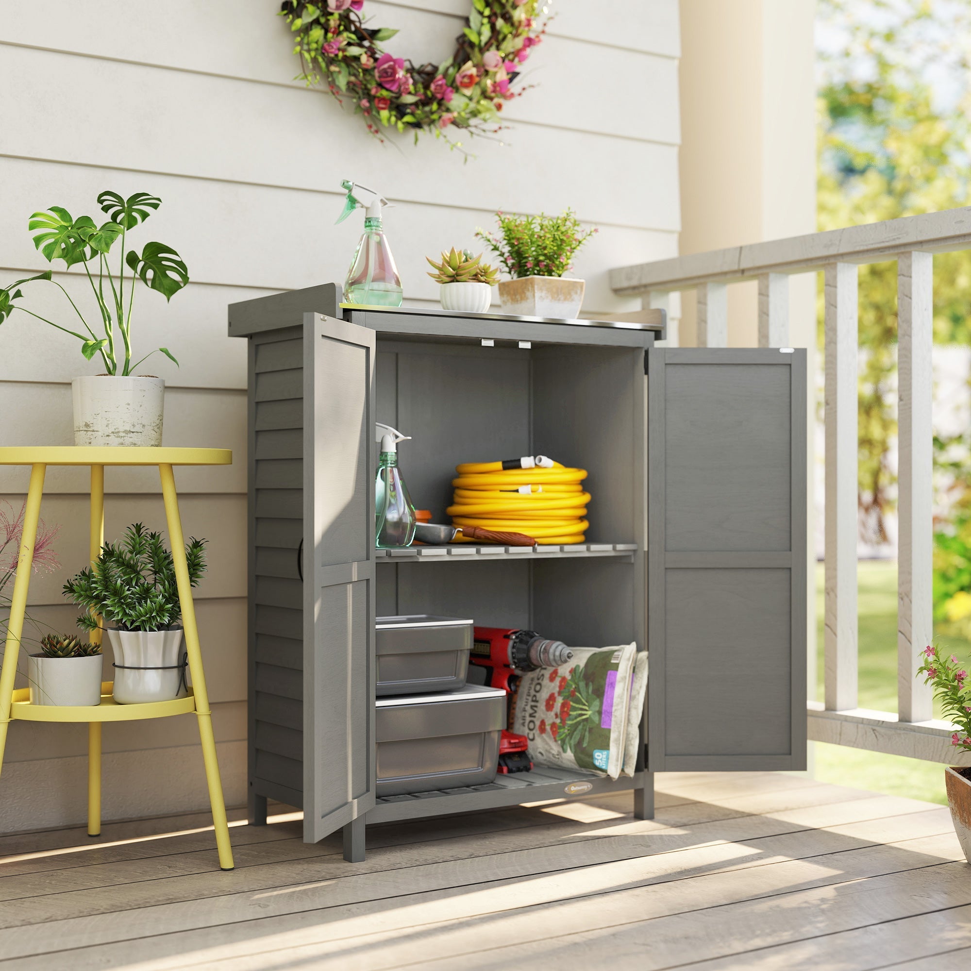 Outsunny Wooden Garden Shed, Garden Tool Storage Shed with Shelf and Side Hooks, 71.5 x 39 x 95 cm, Grey