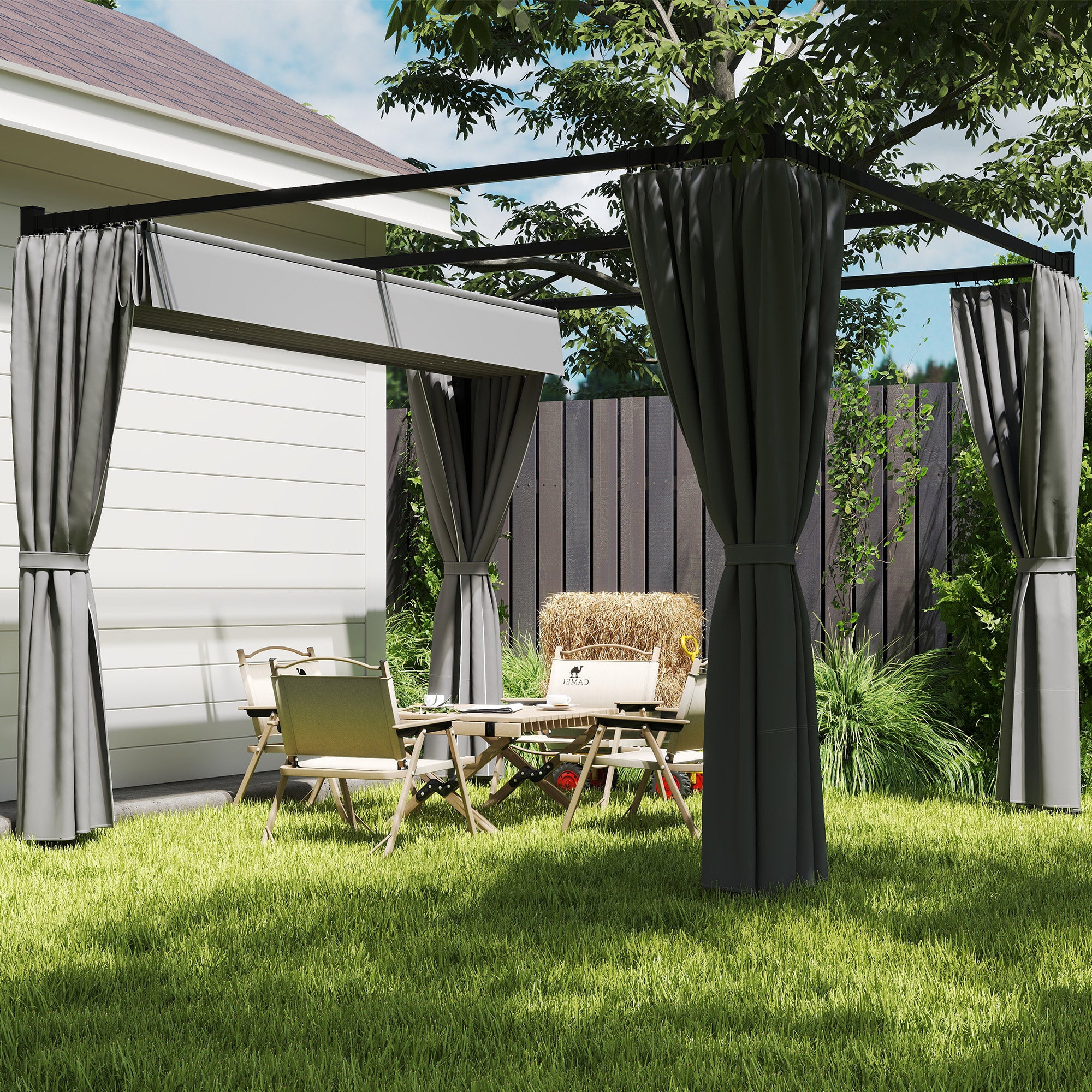 Outsunny 3 x 3m Moving Canopy Metal Pergola, with Curtains - Grey