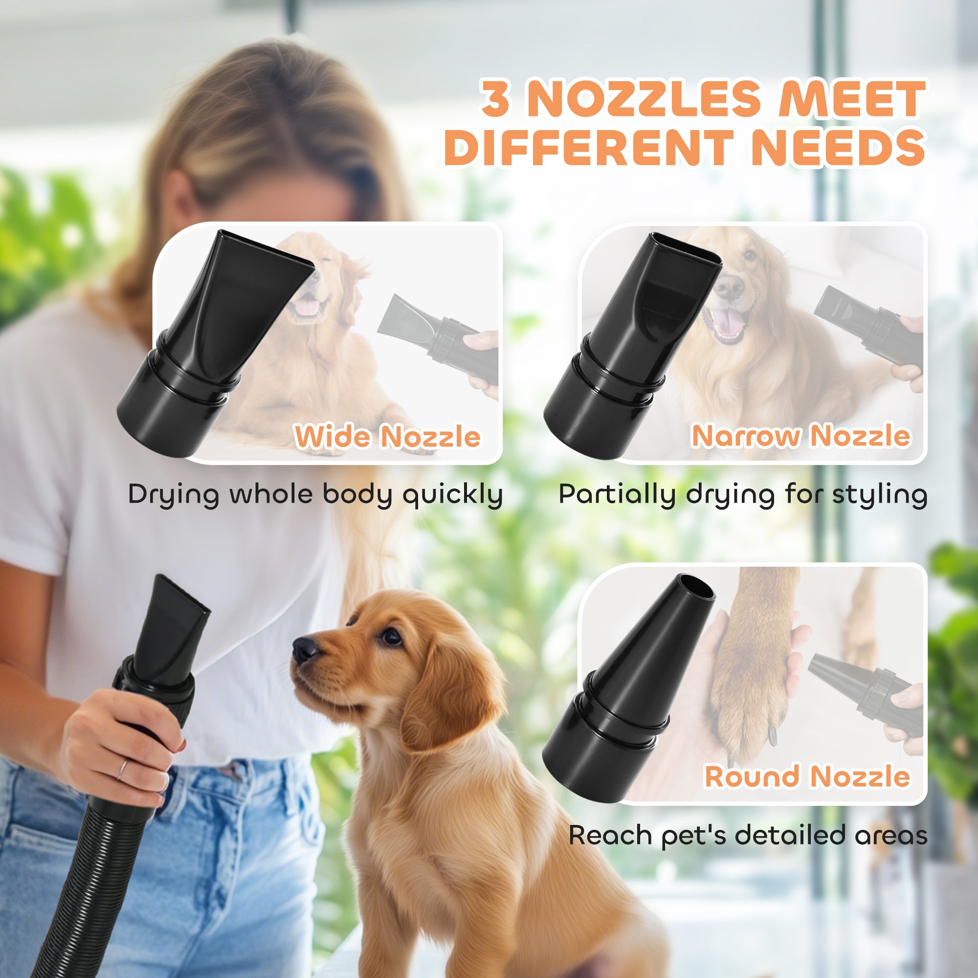 PawHut 2200W Dog Hair Dryer with Auto Adjustable Temperature & Airflow, 3 Nozzles, Digital Screen, for Dogs Cats, White