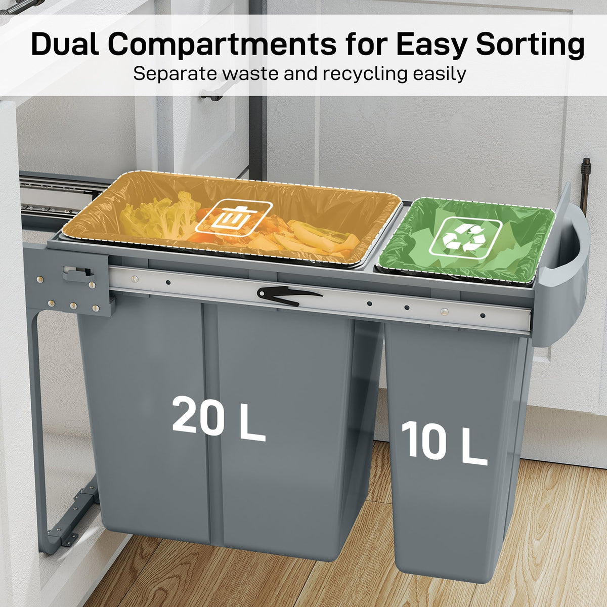 HOMCOM 2 Removable Recycling, ContaineUnder-Sink Kitchen Trash Bin, Smooth Slide, Handle, Diamond Pattern Lid, Grey