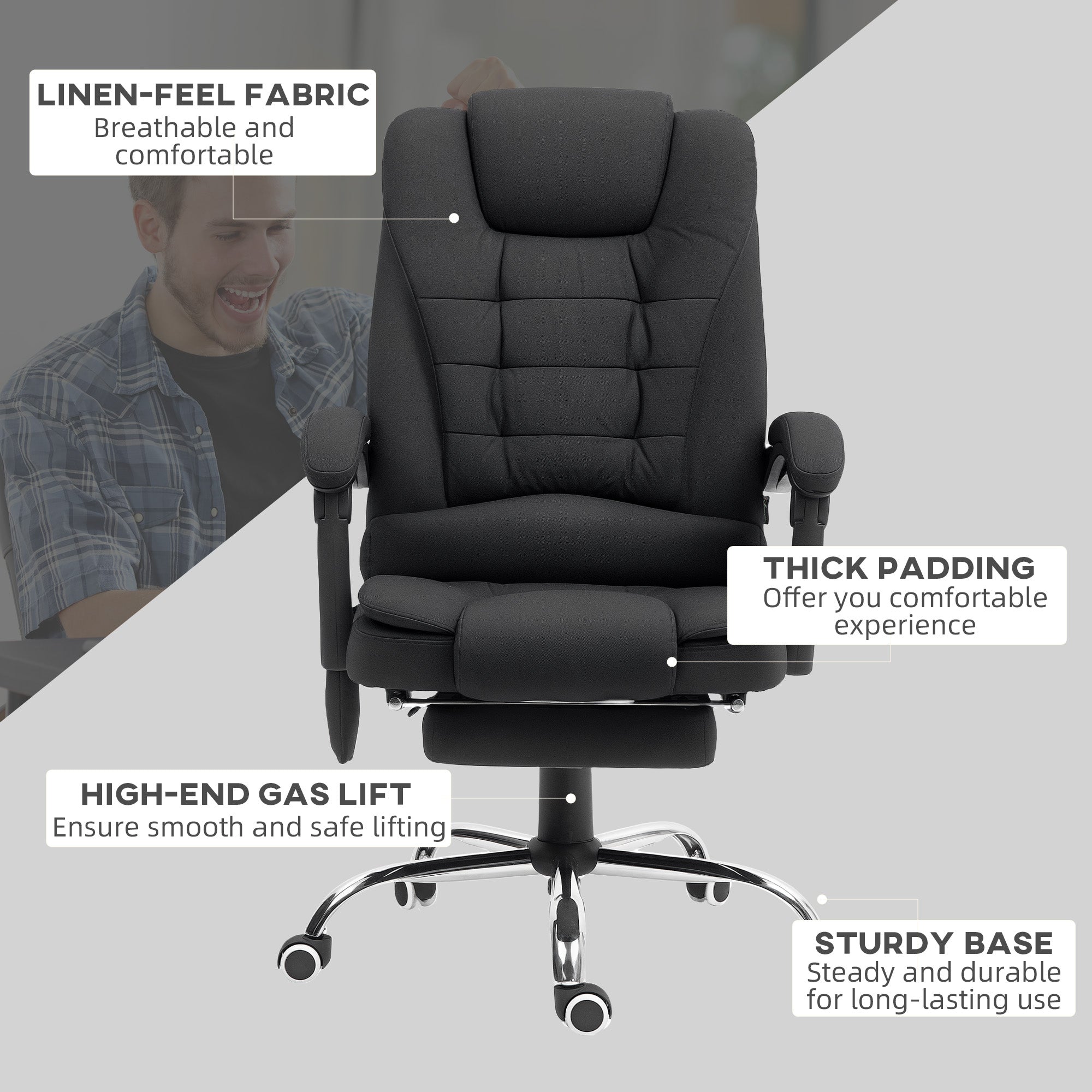 Vinsetto Office Chair with 6 Point Massage and Back Heat, Microfibre Desk Chair with Footrest Adjustable Height and Swivel Wheels, Back Reclining, Full Black
