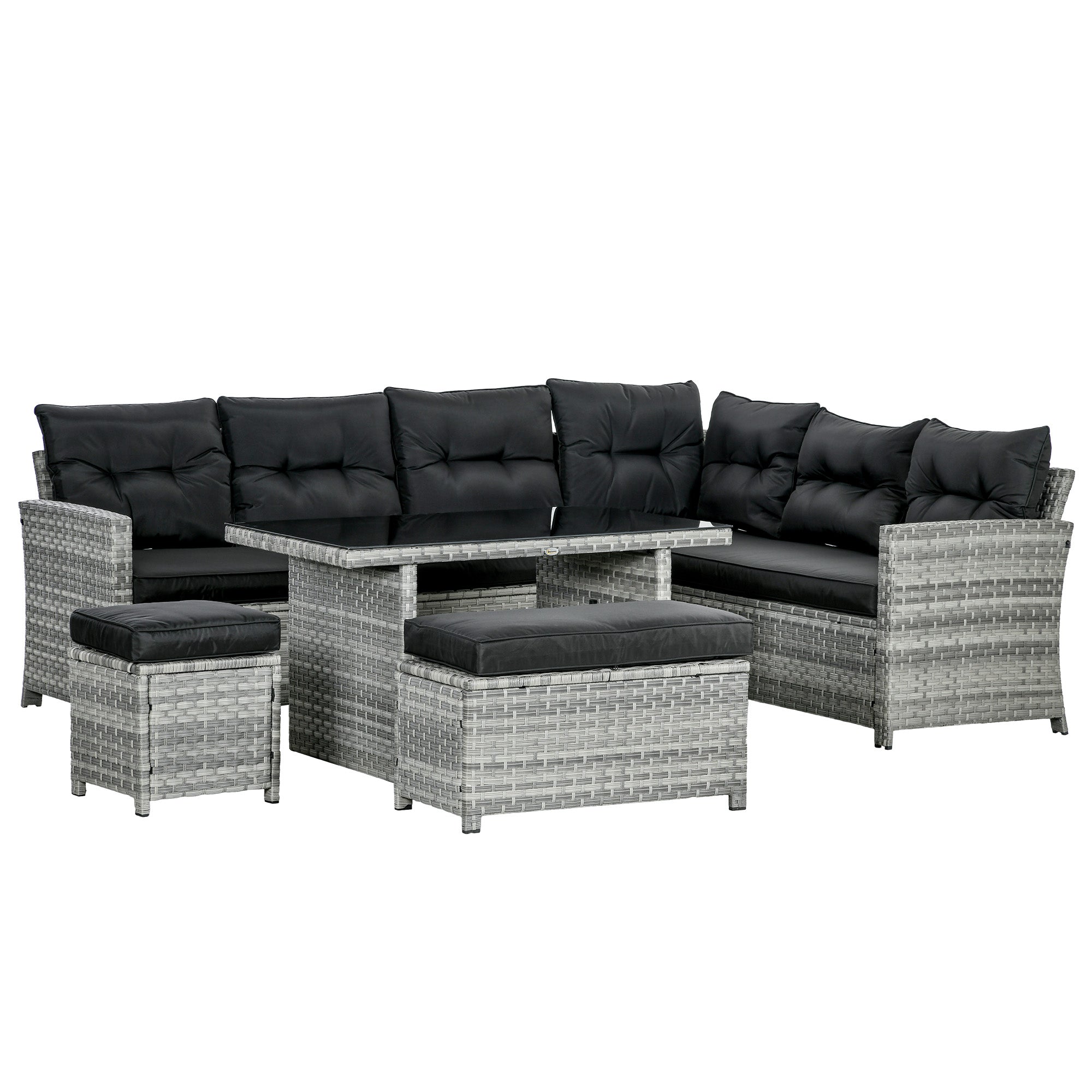 Outsunny 5-Piece Rattan Patio Furniture Set with Corner Sofa, Footstools, Glass Coffee Table, Cushions, Mixed Grey