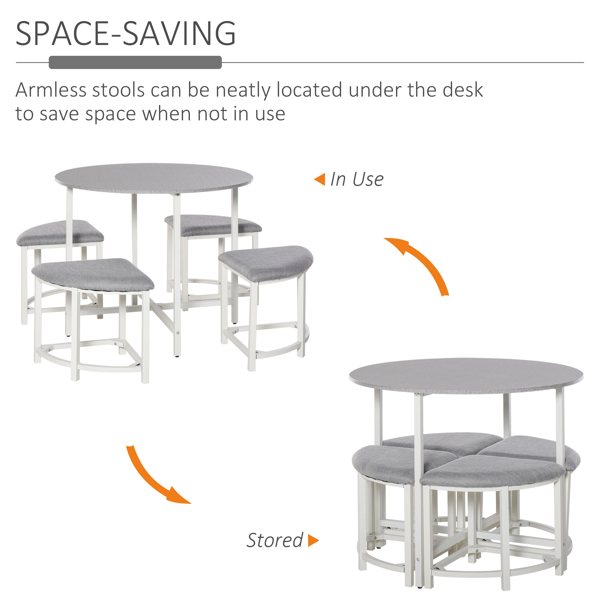 HOMCOM Modern Round Dining Table Set with 4 Upholstered Stools for Dining Room, Kitchen, Grey