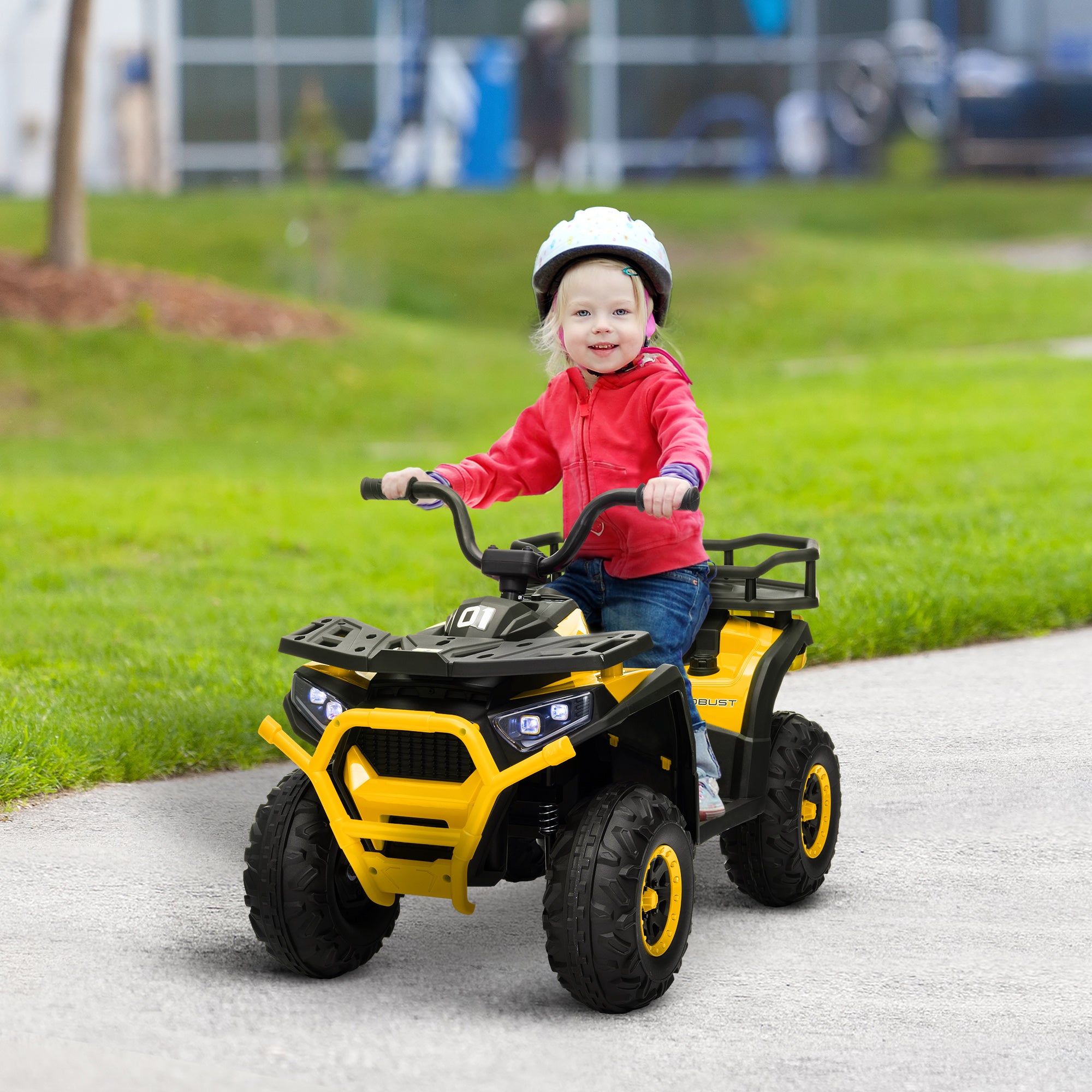 AIYAPLAY 12V Kids Electric Ride on ATV, Battery-Powered Quad Bike w/ Spring Suspension, Forward Backward, Storage Basket, Yellow