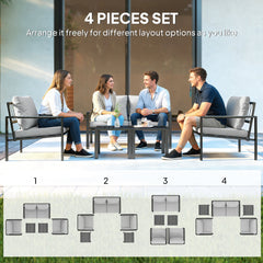 Outsunny 5 Piece Metal Garden Furniture Sofa Set with Thickened Cushions, Loveseat, 2 Armchairs, 2 Coffee Tables, Light Grey