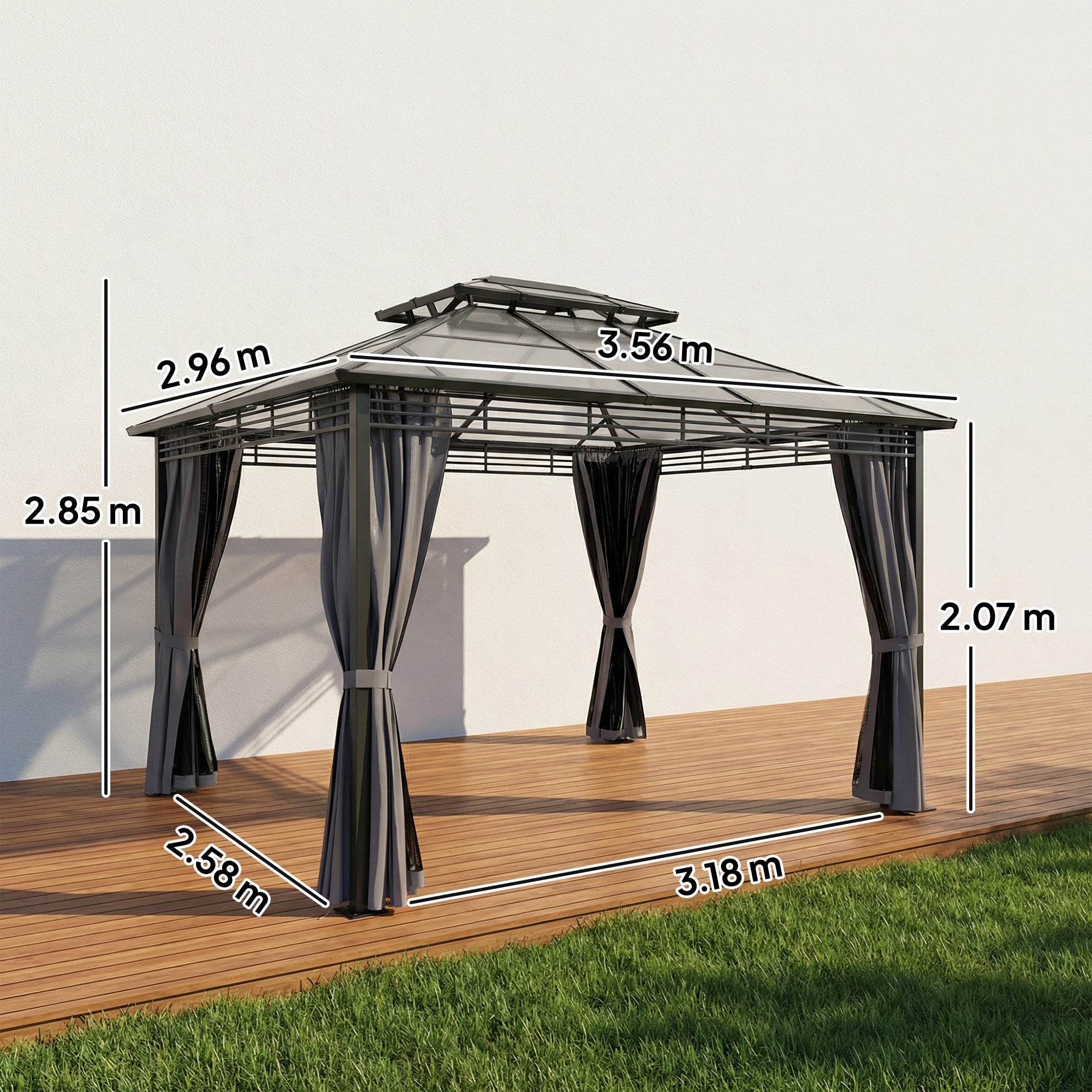 Outsunny 3 x 3.6 m Outdoor Hardtop Gazebo Canopy with 2-Tier Roof, Permanent Pavilion Garden Metal Gazebo with Sides, Dark Grey