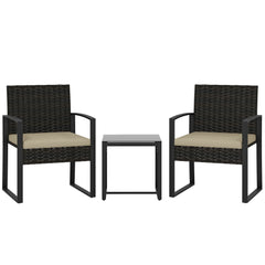 Outsunny Rattan Bistro Set, 3 Piece Garden Furniture Set with Glass Top Table and Cushions, Khaki