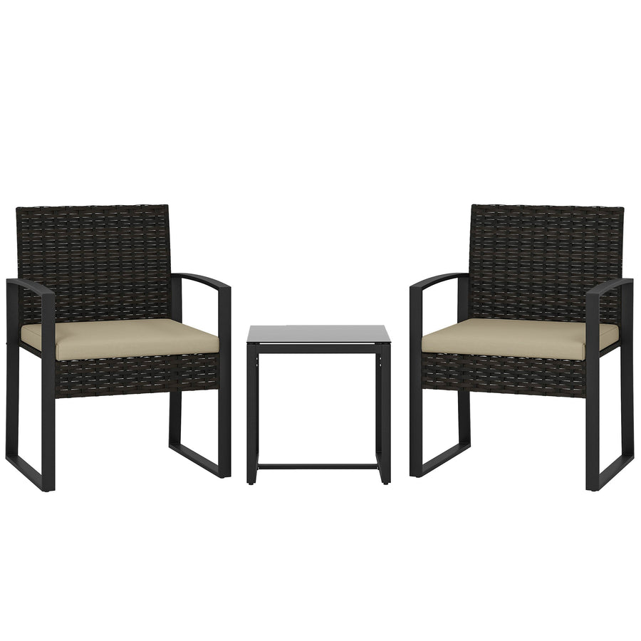Outsunny Rattan Bistro Set, 3 Piece Garden Furniture Set with Glass Top Table and Cushions, Khaki