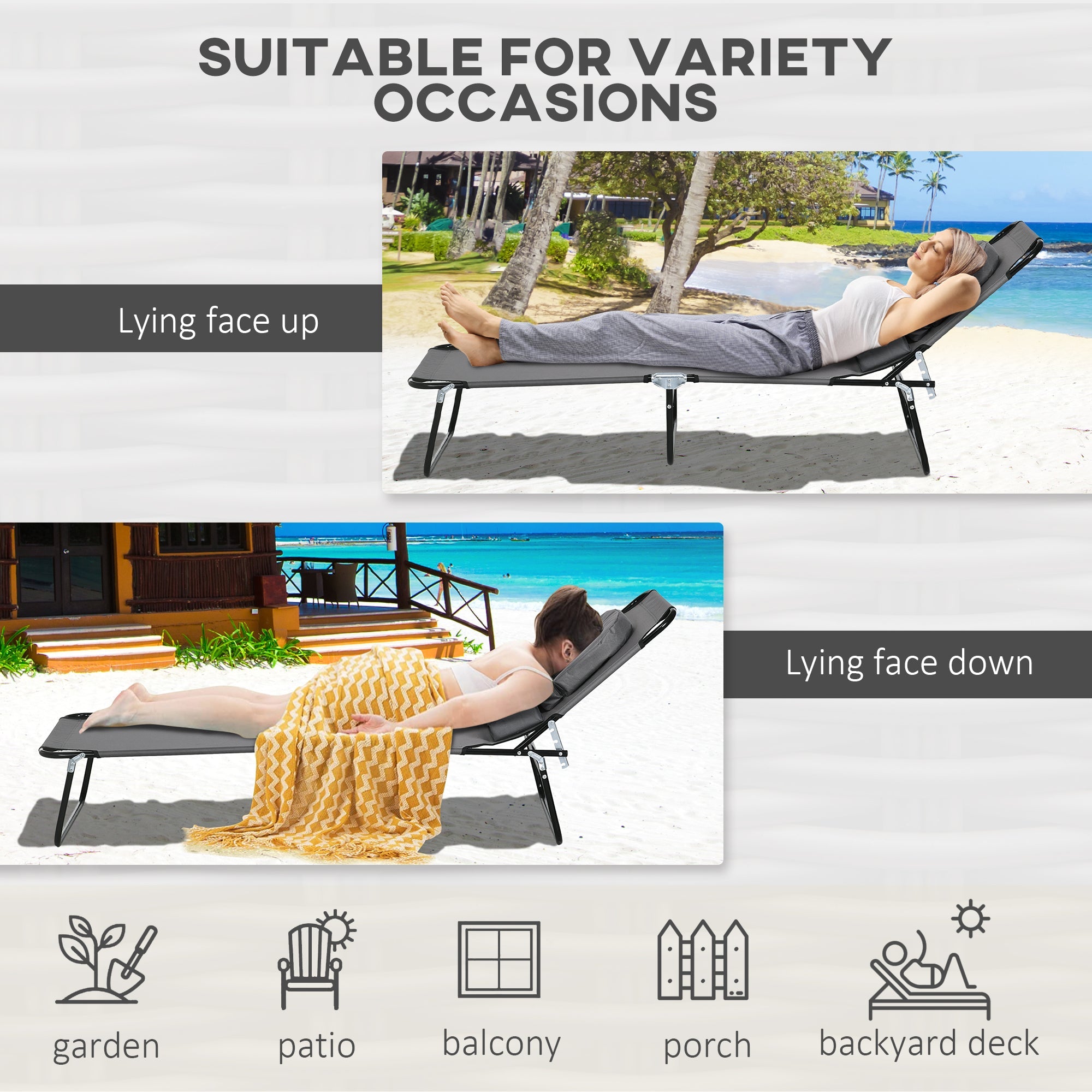 Outsunny Folding Sun Loungers Set of 2 with Face Hole, 4-Position Adjustable Backrest Garden Recliner Chairs Sunbeds, Outdoor Lounge Chairs with 600 D Oxford Cloth Seat, Pillow for Beach, Dark Grey